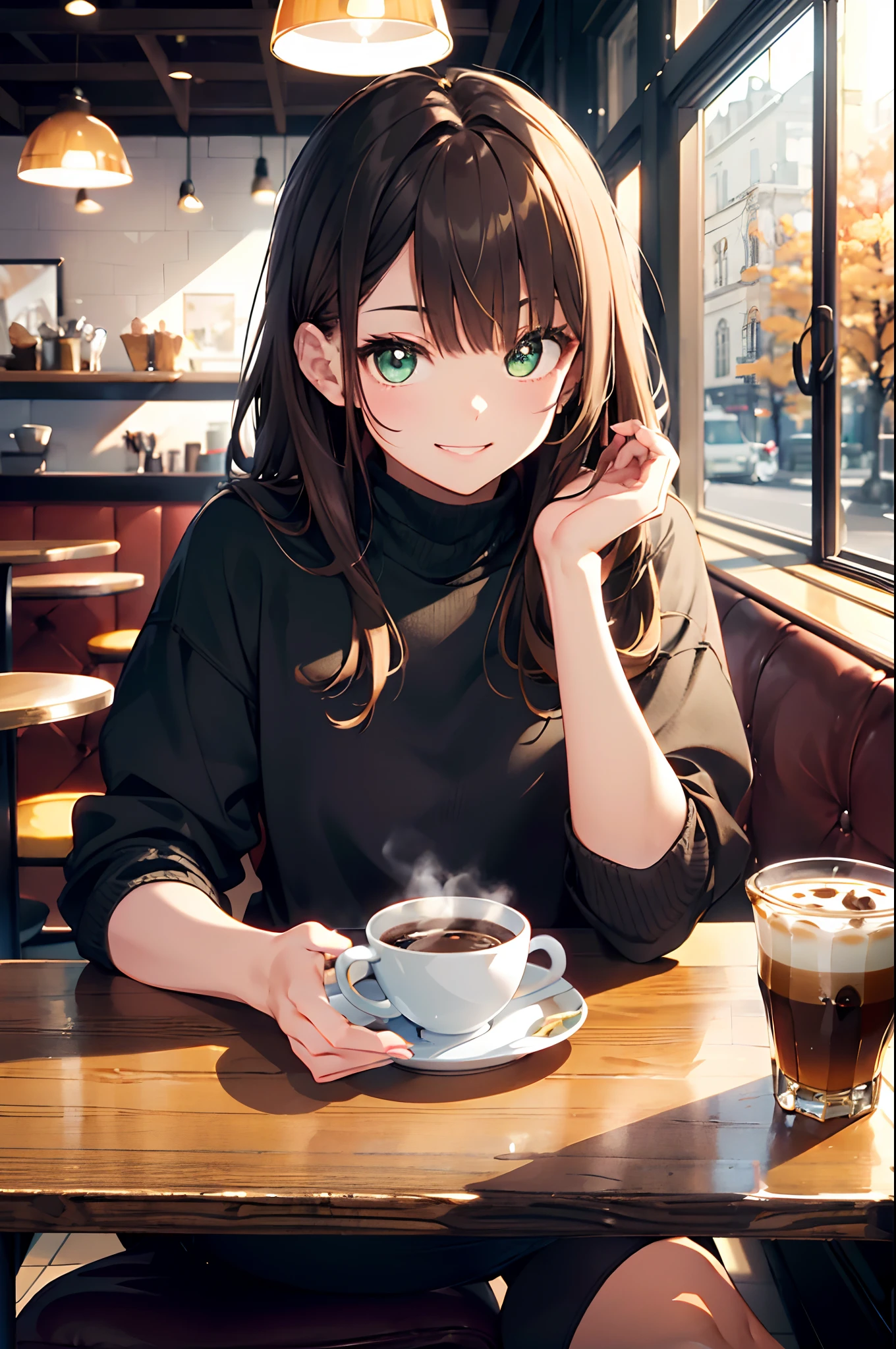 (top-quality、in 8K、32K、masterpiece、nffsw、超A high resolution、Impresionismo、Photorealsitic:1.2)、cowboy shot、foco nítido、detailed faces and eyes、(There is a plate of cake and coffee on the table, cafes, sitting on a mocha-colored table, dessert, Miniature Cafe Diorama, diner caffee, in coffee shop, cozy cafe background, enjoying coffee at a coffee shop, sitting in a cafe, shot with sony alpha 1 camera, by Maki Haku)、Sharp pupils、Realistic pupils、beauitful face、18 year old beautiful girl、shinny skin、Medium Short、Beautiful light brown hair、Blunt bangs、Green-eyed eyes、Autumn coordination、Black socks、Put your right hand on your cheek、(looking happy smile:1.2)、Mel Kishida
