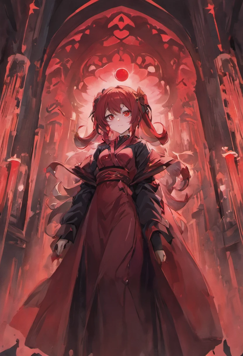 Black robe，red colour，Vampires，White skin of the，brunette color hair，Red eyes，Fang，Pointy ears，The background is the city，Red Moon，blood stain，grinning smile，unholy