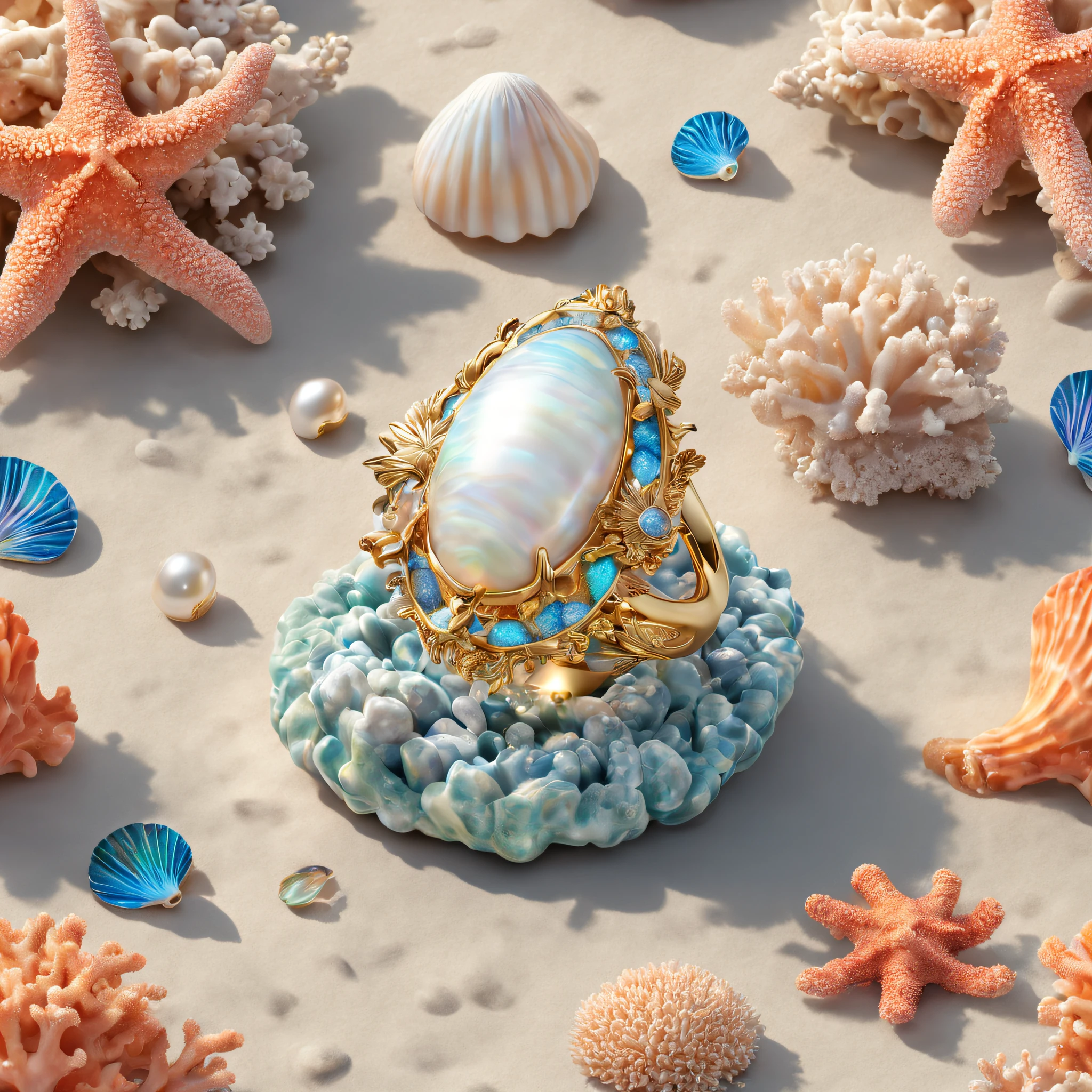 (Product image of the ring:1.2),Gold ring set with Boulder opals ,(The ring is surrounded by fish and coral:1.20),(Pearl oysters),rays of sunshine,(nature elements),(Marine theme),(swell sea),Pinktada
masterpiece,(Very detailed CG unity 8K wallpaper),(best qualtiy),(Most Best Illustration),(Best shadow),(Particle effect),Isometric 3D,rendering by octane, Ray traching,Ultra-detailed
The background is a marine theme with natural elements,The fish,a warm color palette,Surrounded by delicate shells and corals,rays of sunshine,(nature elements),(Marine theme),(swell sea),butterflys,(Delicate shells),