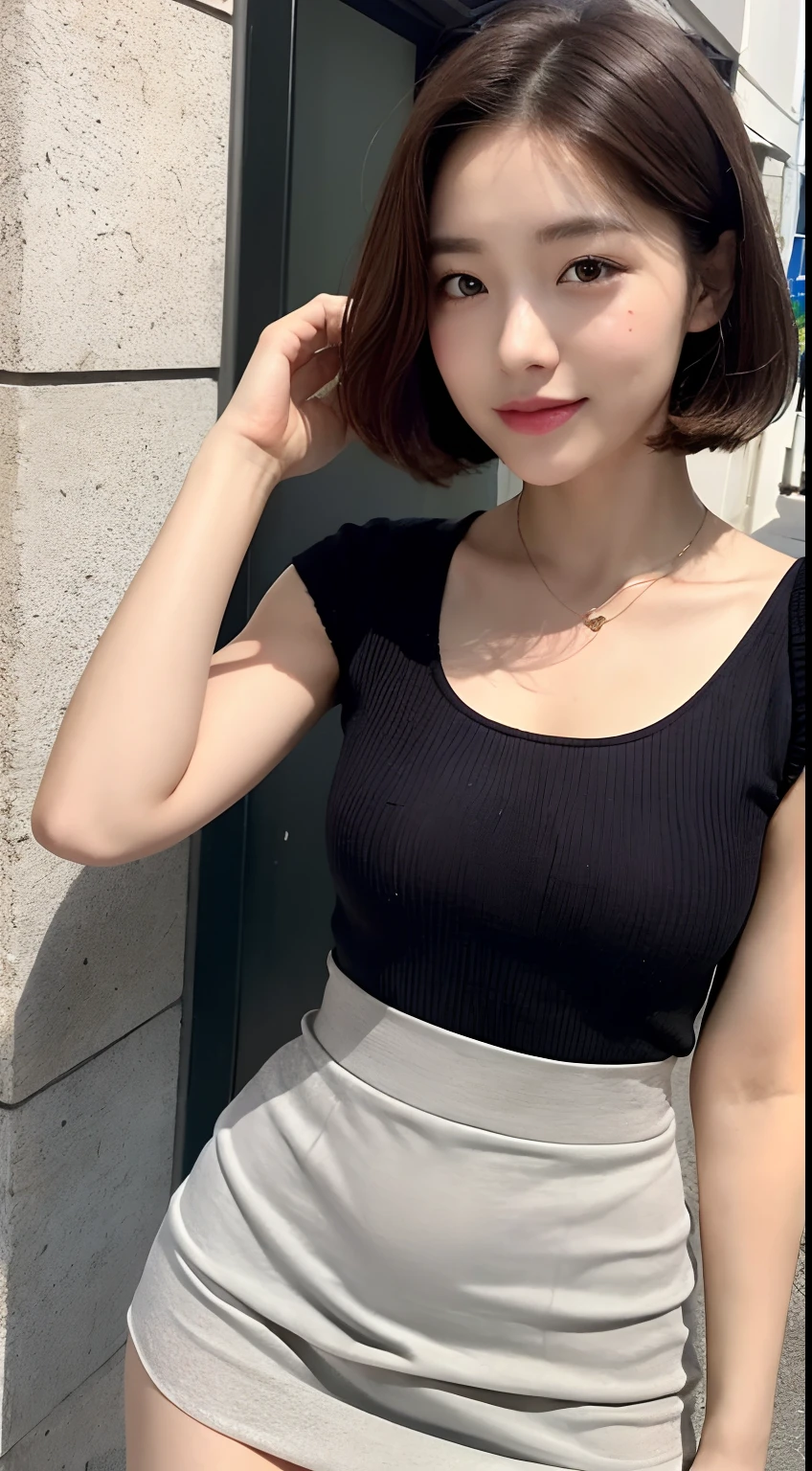 ((best qualtiy,8K,tmasterpiece:1.3)),Perfect beauty:1.4,glute:1.2,(Layered Hair Style:1.2)),(the street:1.3),Highly Detailed Face and Skin Textur,full bodyesbian,Elaborate Eyes,二重まぶた,Whitens the skin,Short wave hair,Cute Korean beauty(with a round face:1.5),(Black top,short skirt:1.6)ssmile