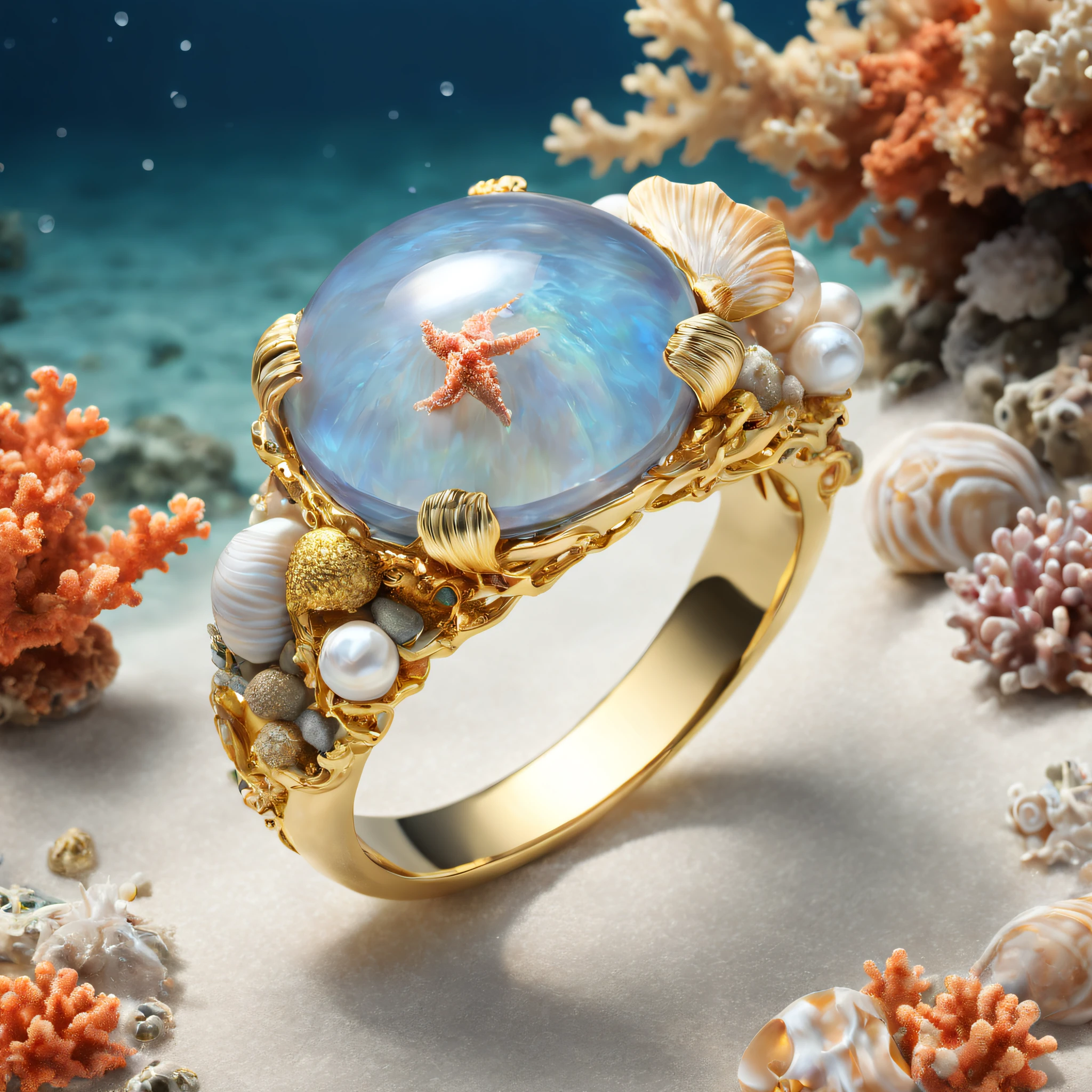 （Product image of the ring：1.2），Gold ring set with Boulder opals ，（The ring is surrounded by fish and coral：1.20），（Pearl oysters），rays of sunshine，（nature elements），（Marine theme），（swell sea），Pinktada
masterpiece，（Very detailed CG unity 8K wallpaper），（best qualtiy），（Most Best Illustration），（Best shadow），（Particle effect），Isometric 3D，rendering by octane， Ray traching，Ultra-detailed
The background is a marine theme with natural elements，The fish，a warm color palette，Surrounded by delicate shells and corals，rays of sunshine，（nature elements），（Marine theme），（swell sea），butterflys，（Delicate shells），