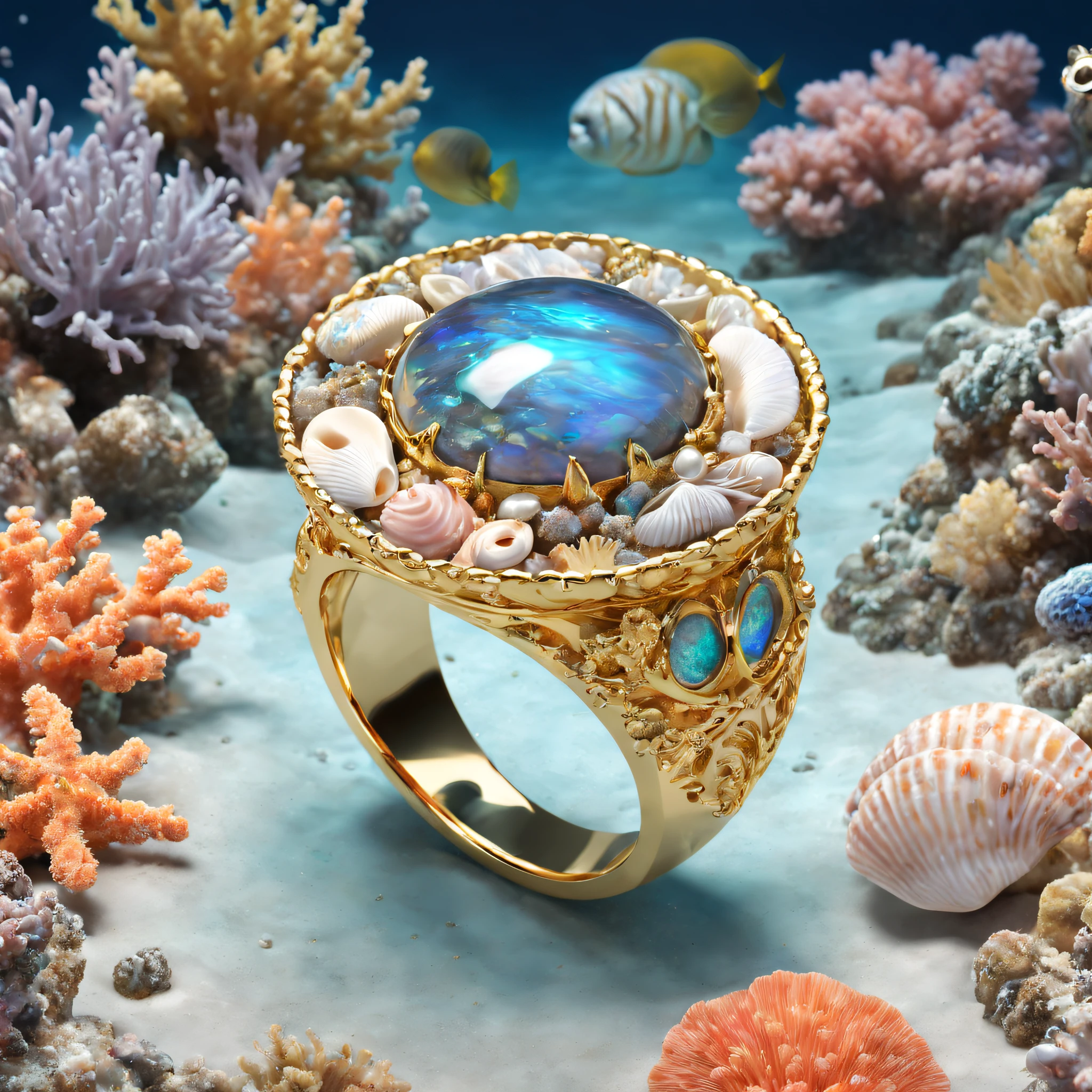 Product image of the ring，Gold ring set with Boulder opals ，（The ring is surrounded by fish and coral：1.20），（Pearl oysters），rays of sunshine，（nature elements），（Marine theme），（swell sea），Pinktada
masterpiece，（Very detailed CG unity 8K wallpaper），（best qualtiy），（Most Best Illustration），（Best shadow），（Particle effect），Isometric 3D，rendering by octane， Ray traching，Ultra-detailed
The background is a marine theme with natural elements，The fish，a warm color palette，Surrounded by delicate shells and corals，rays of sunshine，（nature elements），（Marine theme），（swell sea），butterflys，（Delicate shells），