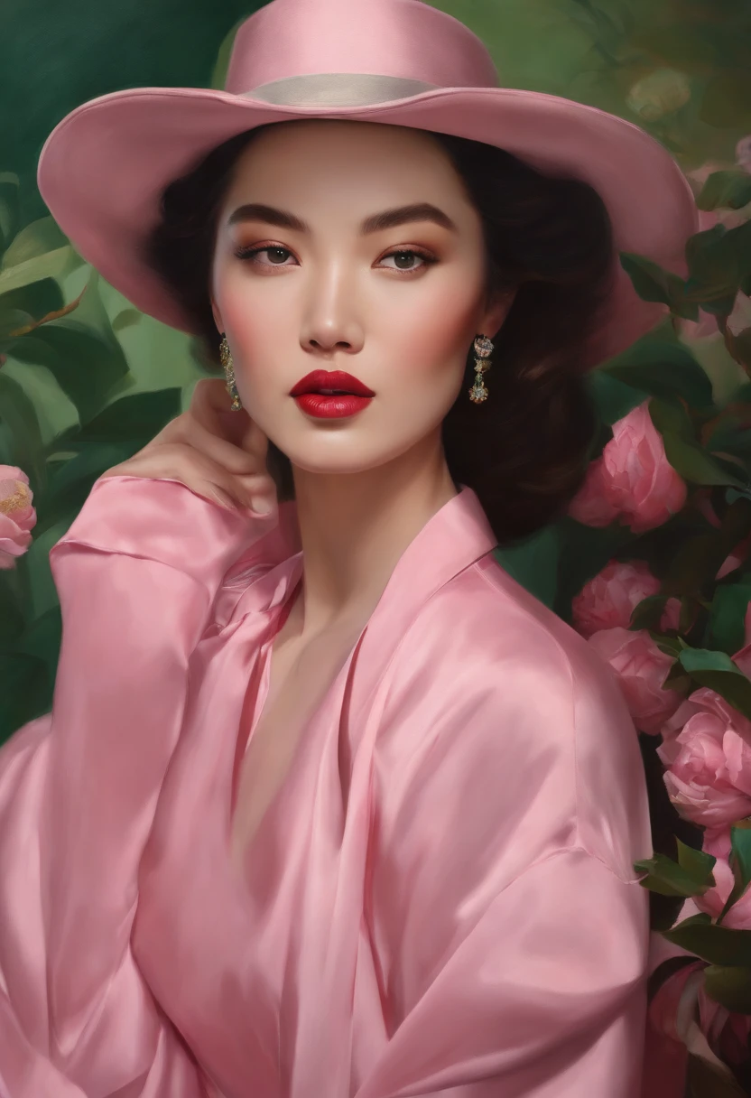 fashion magazine,ultrarealism oil painting,(Crane),Chinese woman,Pink and emeralds,Plant cover background,The style of artist Bruce Zheng,shinny hair,cowboy lens,art-deco,Verism,blooms,Award-Awarded,retinas