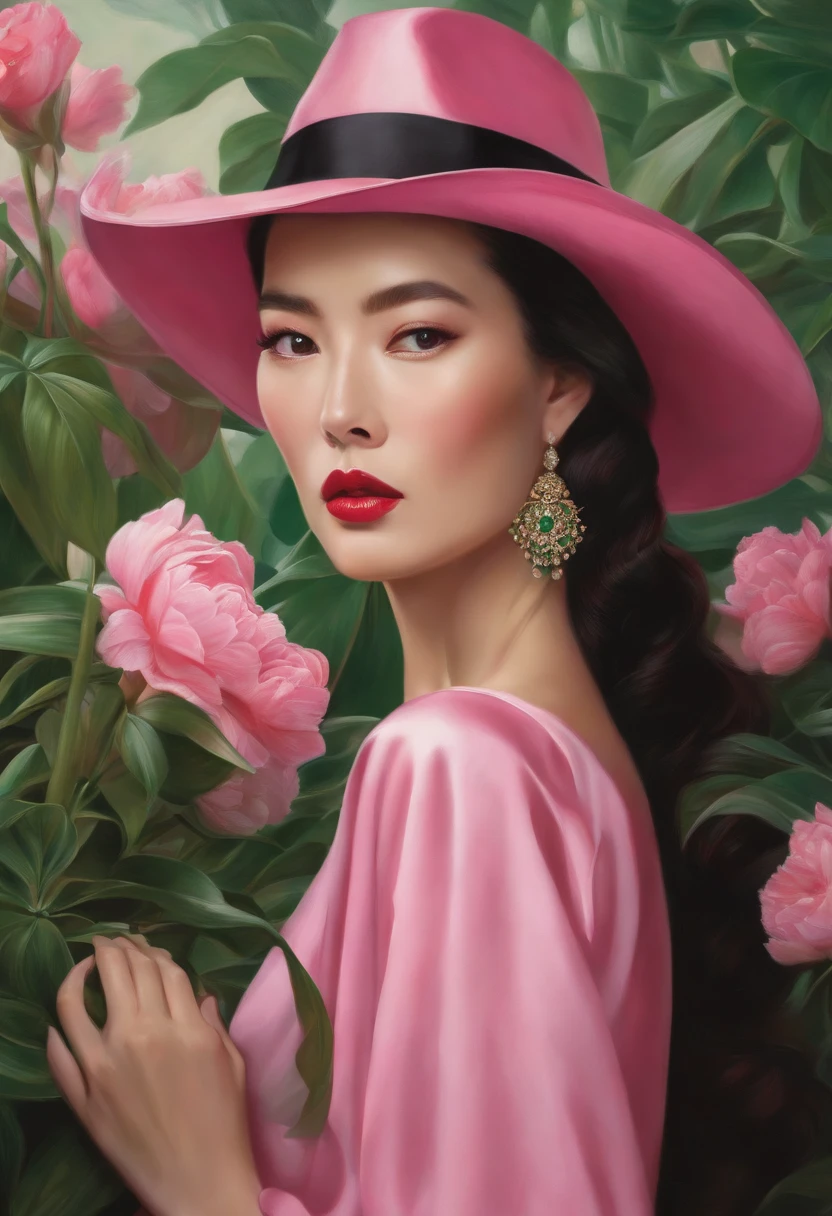 fashion magazine,ultrarealism oil painting,(Crane),Chinese woman,Pink and emeralds,Plant cover background,The style of artist Bruce Zheng,shinny hair,cowboy lens,art-deco,Verism,blooms,Award-Awarded,retinas