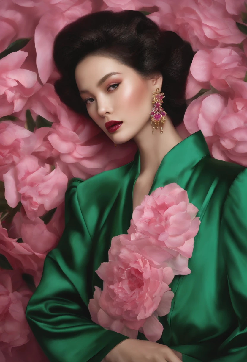 fashion magazine,ultrarealism oil painting,(Crane),Chinese woman,Pink and emeralds,Plant cover background,The style of artist Bruce Zheng,shinny hair,cowboy lens,art-deco,Verism,blooms,Award-Awarded,retinas