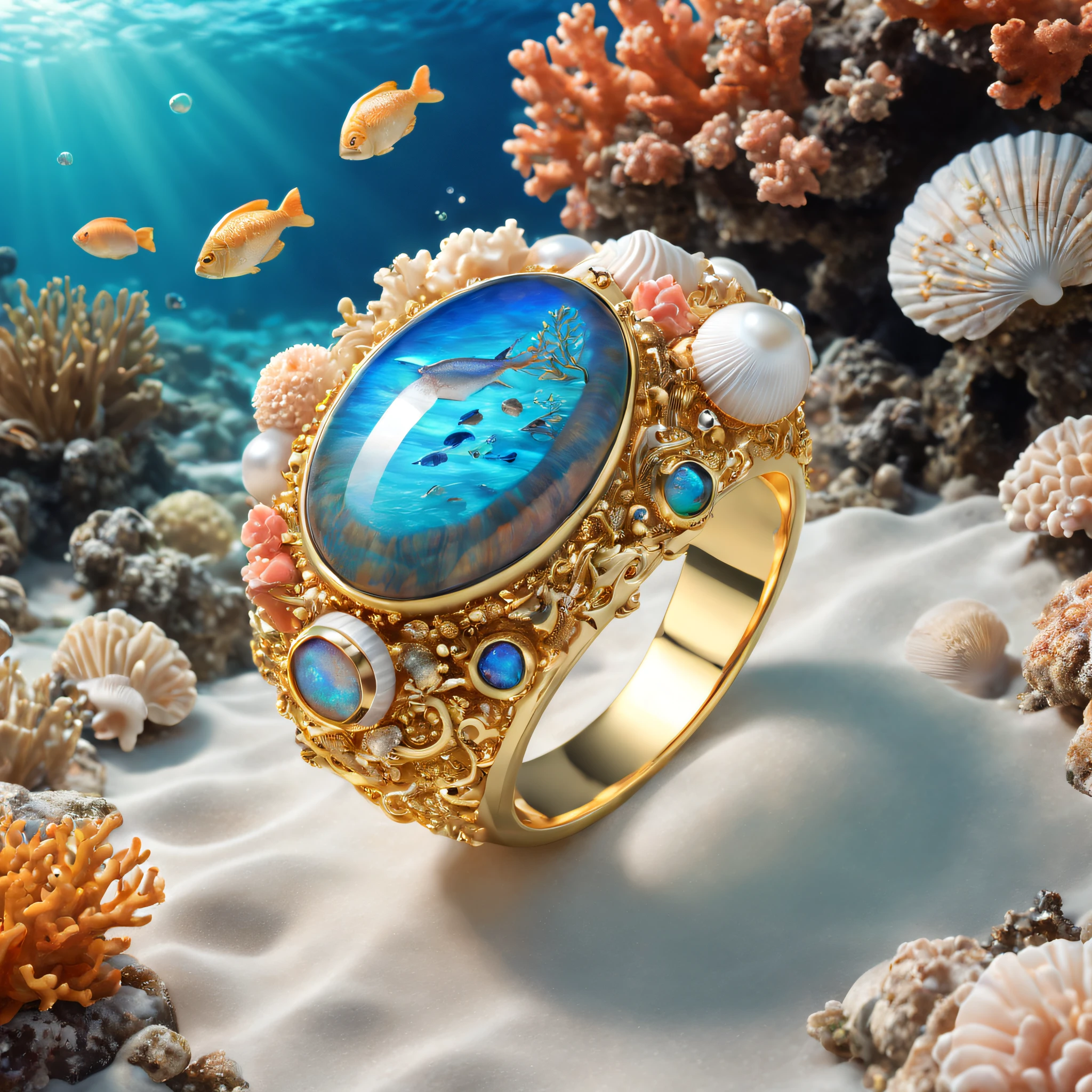 Product image of the ring，Gold ring set with Boulder opals ，（The ring is surrounded by fish and coral：1.20），（Pearl oysters），rays of sunshine，（nature elements），（Marine theme），（swell sea），Pinktada
masterpiece，（Very detailed CG unity 8K wallpaper），（best qualtiy），（Most Best Illustration），（Best shadow），（Particle effect），Isometric 3D，rendering by octane， Ray traching，Ultra-detailed
The background is a marine theme with natural elements，The fish，a warm color palette，Surrounded by delicate shells and corals，rays of sunshine，（nature elements），（Marine theme），（swell sea），butterflys，（Delicate shells），