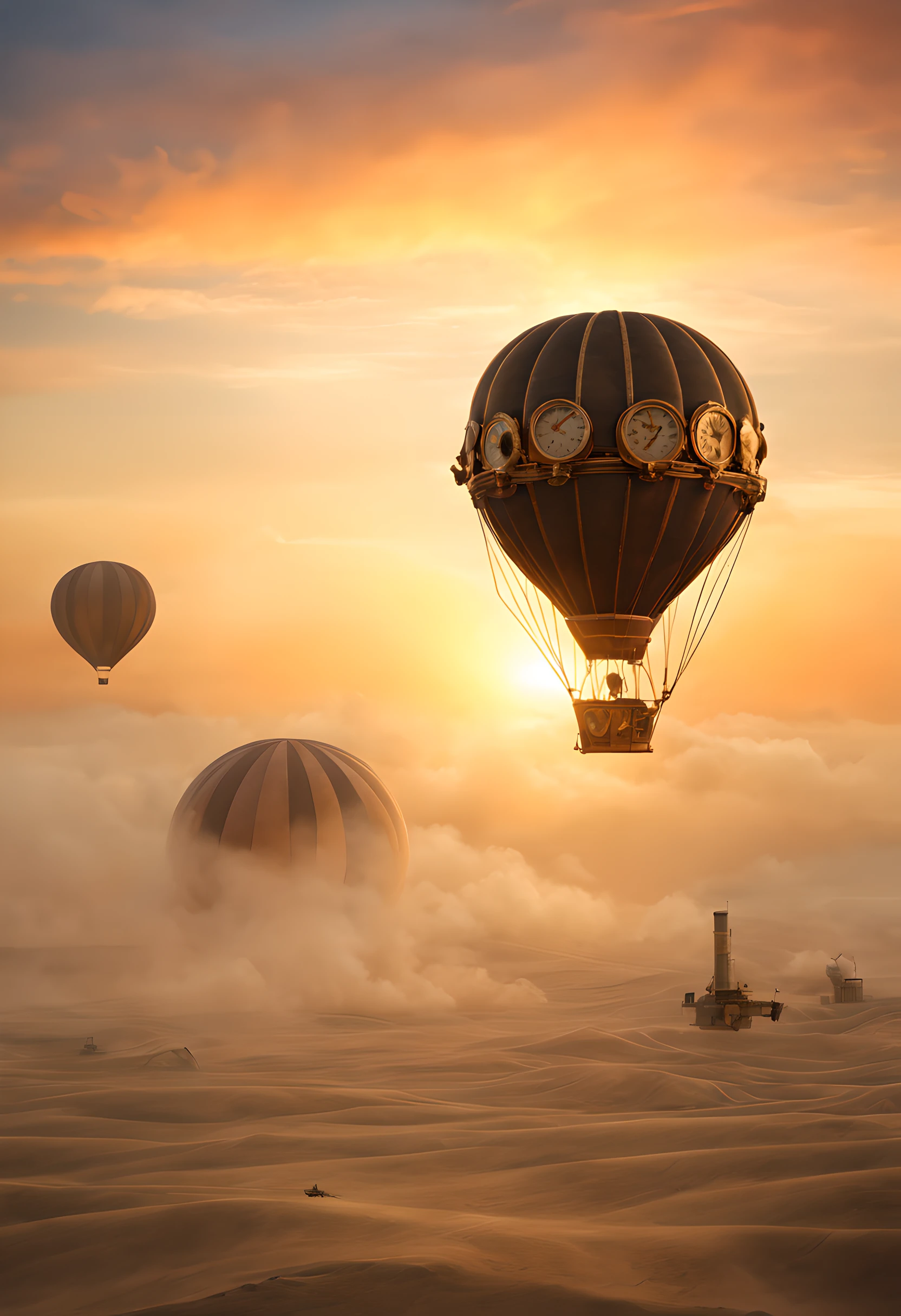 hot air ballonn:1.5, steampunk, in the sky, sunset, steam, fog, smog, sand, wind,