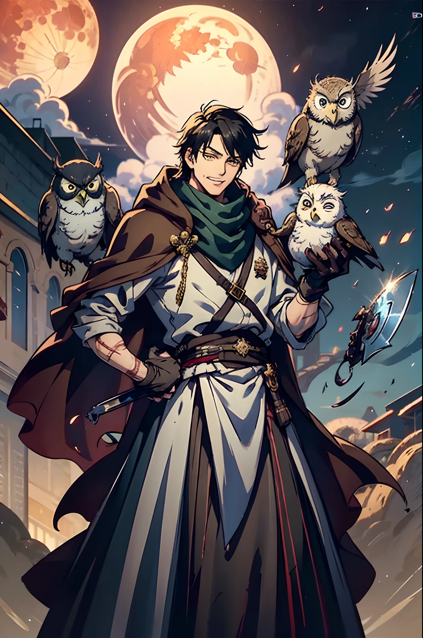 a man in a brown coat and gloves holding a knife, picture of a male cleric, starfinder character, rpg portrait full body, male artificer, rpg character art, rpg character, from pathfinder, rpg concept art character, brown cloak, detailed character art, d&d dark sun character art, rpg character concept art, steel inquisitor from mistborn, cocky smile, long blue scarf, Jack The Ripper, Toji Fushigoro, Fushigoro Toji, Muscular Male, Monster, standing in a desert at night, blood moon, brown beard, cocky smile, demonic smile, powerful, owls flying overhead, bandaged hands, bandaged arms, injured, covered in scars and damage, laughing manically, in a battle stance, wielding a cleaver, extremely detailed face, glowing red eyes