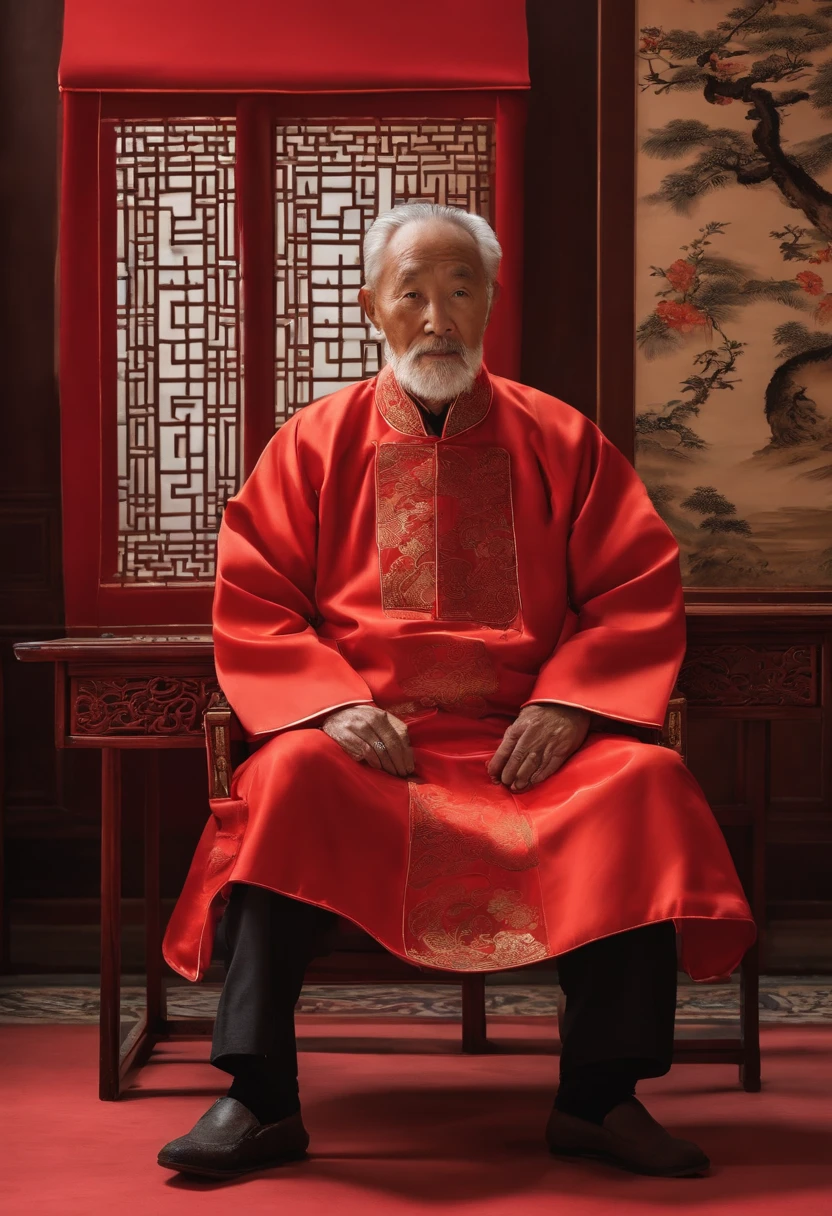 A old man，Wear a Chinese coat，The frontal one sits on a chair，In the study，The background is a traditional Chinese painting，Slight smile，kind，Close-up shot，Face the mirror，