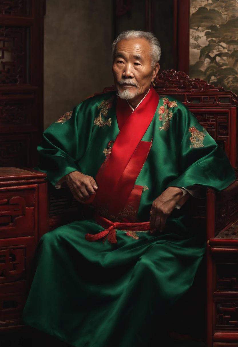 A old man，Wear a Chinese coat，The frontal one sits on a chair，In the study，The background is a traditional Chinese painting，Slight smile，kind，Close-up shot，Face the mirror，