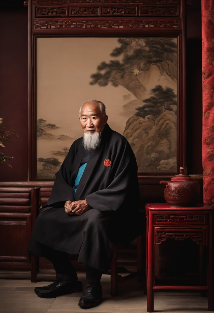A old man,Wear a Chinese coat,The frontal one sits on a chair,In the study,The background is a traditional Chinese painting,Slight smile,kind,Close-up shot,Face the mirror,