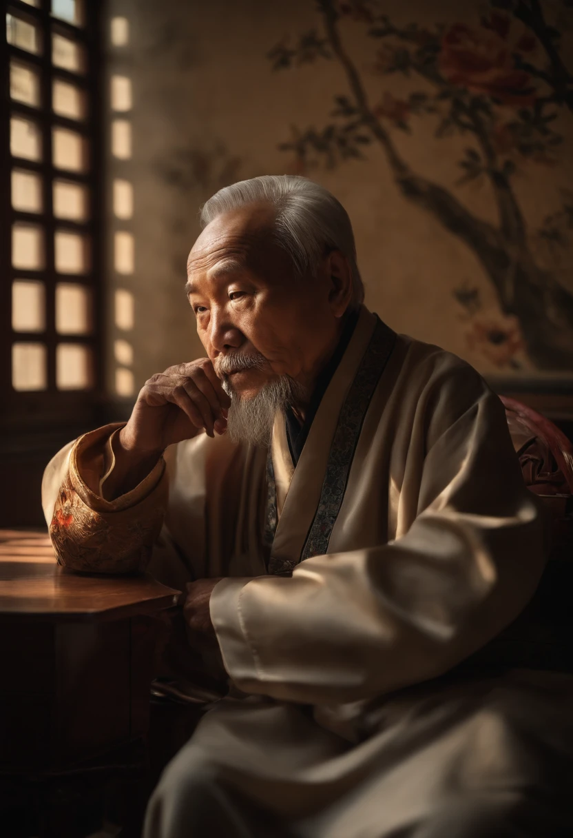 A old man,Wear a Chinese coat,The frontal one sits on a chair,In the study,The background is a traditional Chinese painting,Slight smile,kind,Close-up shot,Face the mirror,