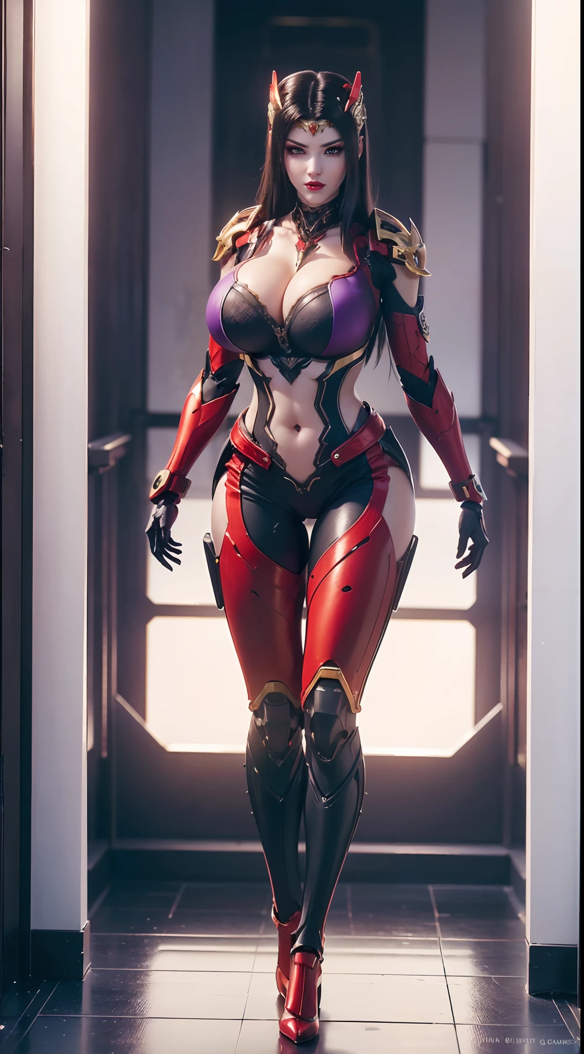 (1GIRL, SOLO:2), (super detailed face), (neon peonix head:1), (BIG BUTTOCKS, HUGE FAKE BREASTS:1.5), (CLEAVAGE TOP:1.5), (MUSCLE ABS:1.3), (MECHA GUARD ARMS:1.4), ((RED, NEON PURPLE MECHA OVERWATCH ARMORED GEAR, BLACK MECHA SKINTIGHT SUIT PANTS, MECHA GUARD ARMOR LEGS, HIGH HEELS:1.5)), (THICC MUSCULAR FEMALE BODY:1.3), (GLOWING SKIN:0.8), (SEXY LONG LEGS, FULL BODY:1.3), (LOOKING AT VIEWER:1.3), (female focus:0.886), (WALKING DOWN HALLWAY OF FUTURISTIC SPACE STATION:1), (BRIGHT LIGHT WHITEROOM:1.3), SUPER TEXTURE, UNREAL ENGINE RENDER, PHYSICALLY-BASED RENDERING, ULTRA HIGHT DEFINITION, 16K, 1080P.