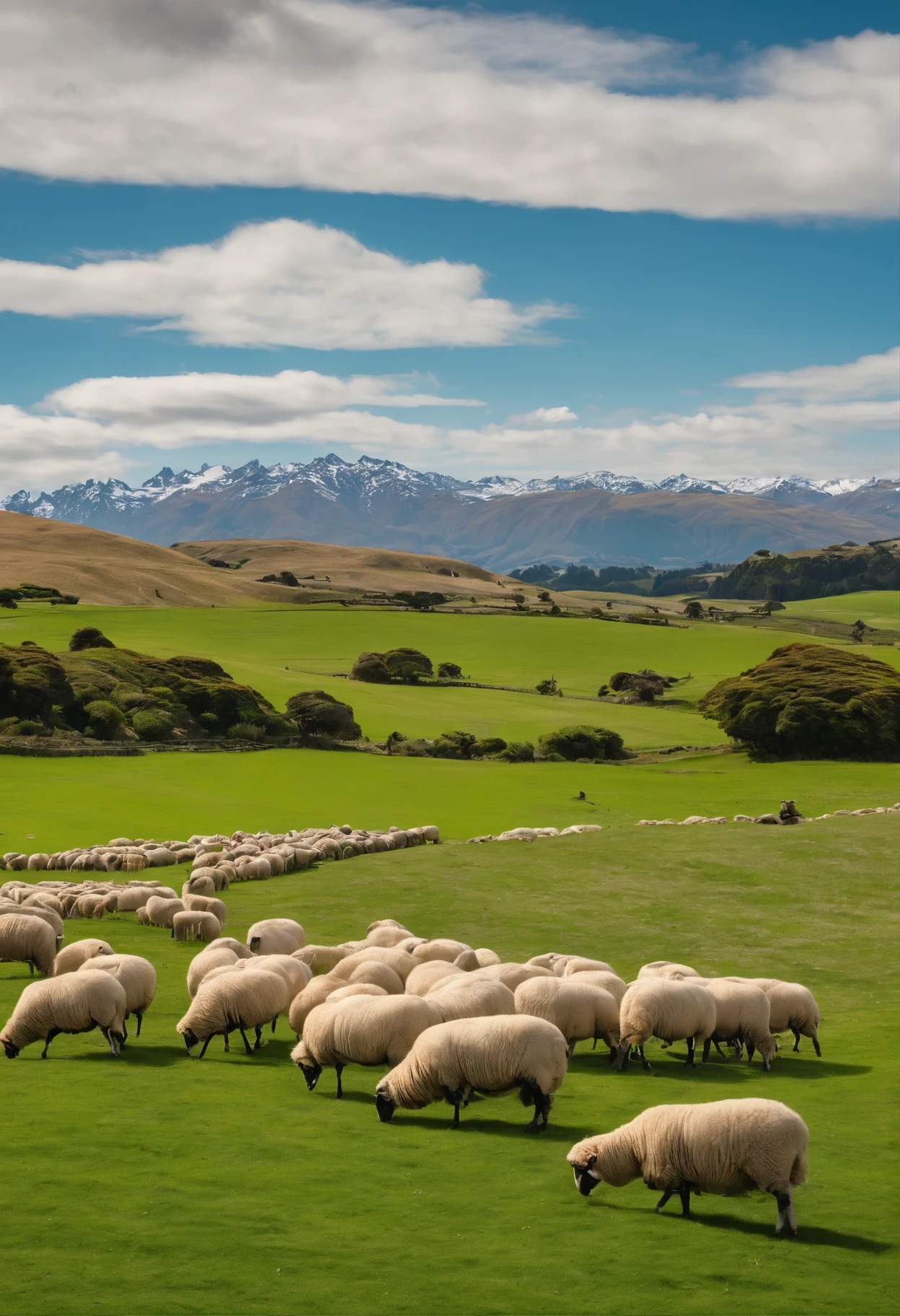 pecora,A flock of sheep,Green meadow,White cloudless sky,new zealand,4K,k hd