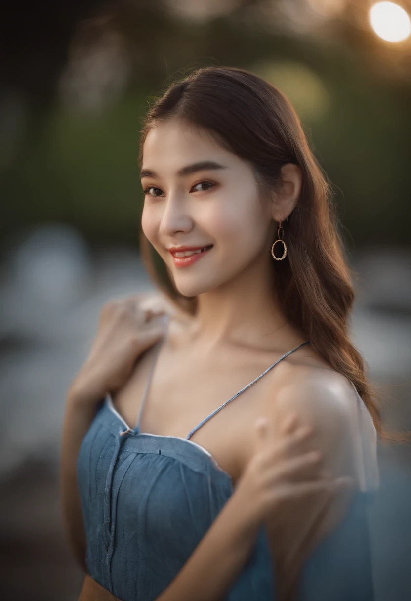 masutepiece, Best Quality, 8K, 15yo student, Teen, Raw photo, absurderes, award winning portrait, Smile, Smile, Solo, Night, neons, Idol face, violaceaess, gardeniass, Delicate girl, Upper body, Digital SLR, Looking at Viewer, Candid, Sophisticated, zora々Right, Thin arms, Professional Lighting, Film grain, chromatic abberation, (Eyes and faces with detailed:1.0), (Bokeh:1.1)