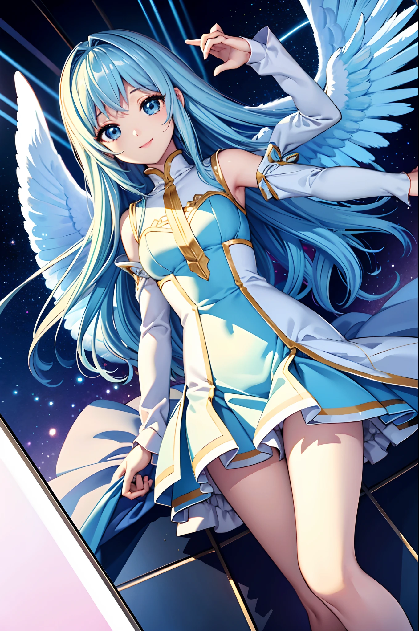 Colorful glowing angel wings、Kawaii Girl、adorable smiling、Light blue long hair、Twin-tailed、Colorful Angel Leotard、((top-quality))、((masterpiece))、(ighly detailed、highestdetailed、Official art、Beautifully Aesthetic:1.2)
