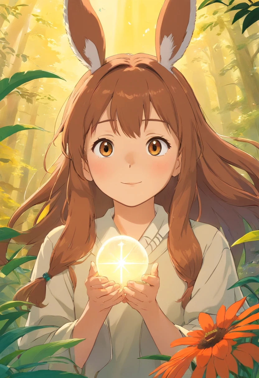 It's a small, Conejito curioso, with soft, long brown fur, Orejas puntiagudas. Tiene una luz brillante, Expressive eyes that reflect your kindness and willingness to help others. Siempre lleva una sonrisa en su rostro y es conocido por su naturaleza gentil