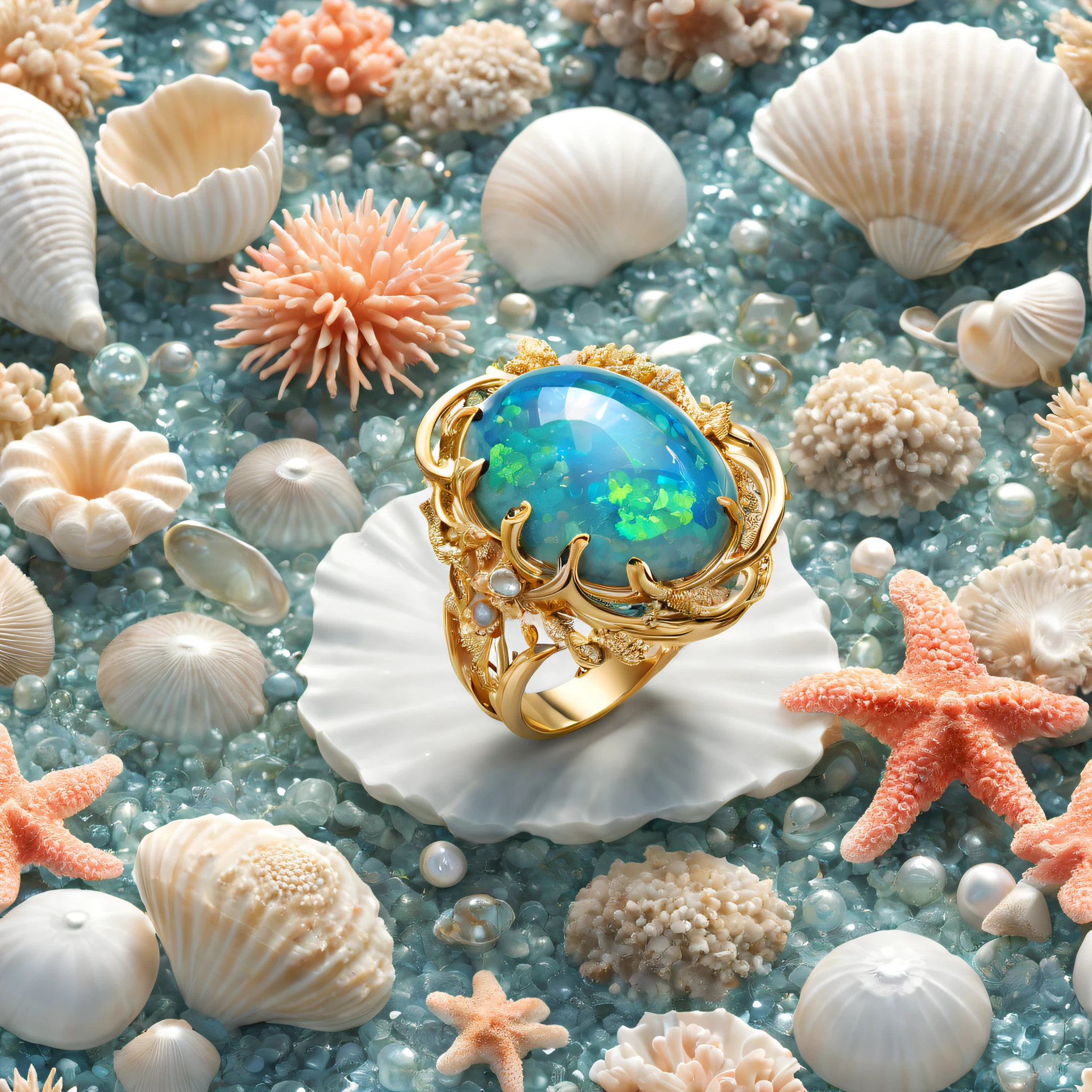 Product image of the ring，golden rings，Set with blue-green gravel opal ，（There are fish and corals on the ring：1.20），（Pearl oysters），rays of sunshine，（nature elements），（Marine theme），（swell sea），Pinktada
masterpiece，（Very detailed CG unity 8K wallpaper），（best qualtiy），（Most Best Illustration），（Best shadow），（Particle effect），Isometric 3D，rendering by octane， Ray traching，Ultra-detailed
The background is a marine theme with natural elements，The fish，a warm color palette，Surrounded by delicate shells and corals，rays of sunshine，（nature elements），（Marine theme），（swell sea），butterflys，（Delicate shells），