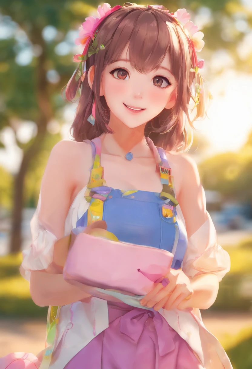 masutepiece, Best Quality, 8K, 15yo student, Teen, Raw photo, absurderes, award winning portrait, Smile, Smile, Solo, Night, neons, Idol face, violaceaess, gardeniass, Delicate girl, Upper body, Digital SLR, Looking at Viewer, Candid, Sophisticated, zora々Right, Thin arms, Professional Lighting, Film grain, chromatic abberation, (Eyes and faces with detailed:1.0), (Bokeh:1.1)