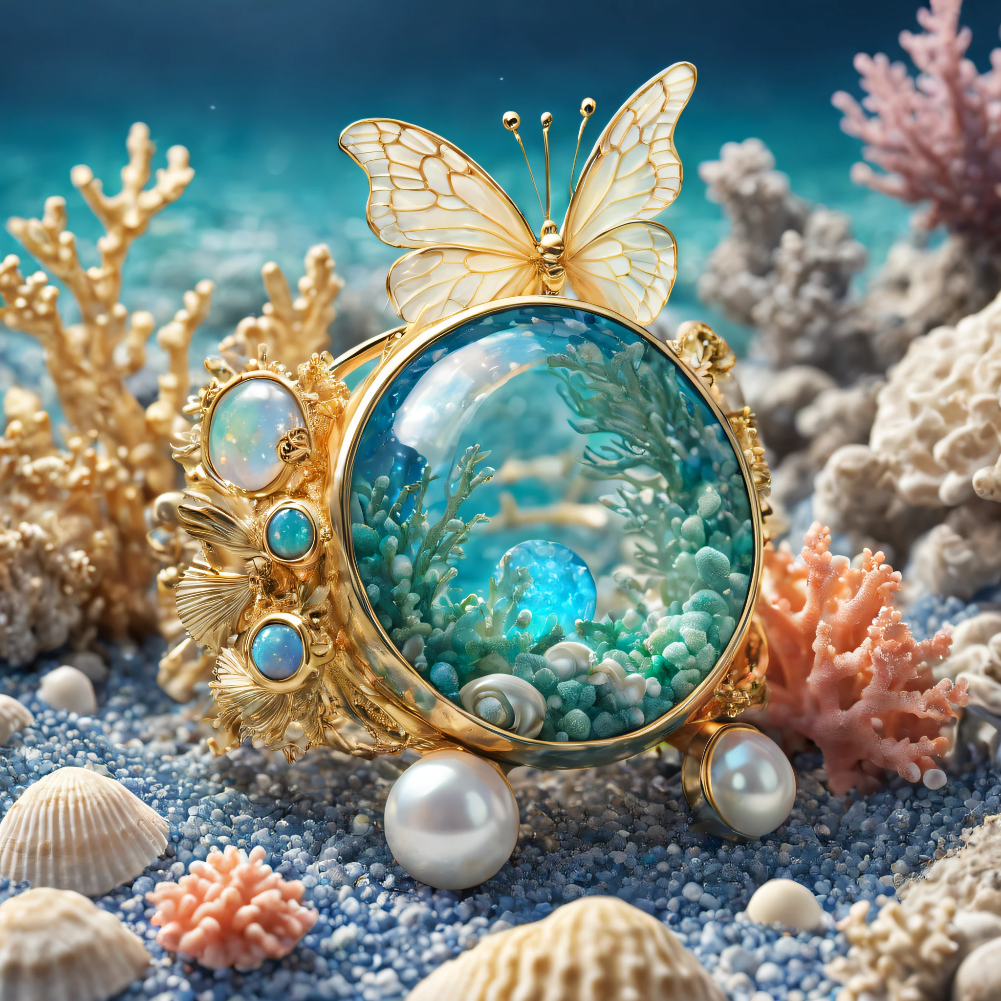 Product image of the ring，golden rings，Set with blue-green gravel opal ，（There are fish and corals on the ring：1.20），（Pearl oysters），rays of sunshine，（nature elements），（Marine theme），（swell sea），Pinktada
masterpiece，（Very detailed CG unity 8K wallpaper），（best qualtiy），（Most Best Illustration），（Best shadow），（Particle effect），Isometric 3D，rendering by octane， Ray traching，Ultra-detailed
The background is a marine theme with natural elements，The fish，a warm color palette，Surrounded by delicate shells and corals，rays of sunshine，（nature elements），（Marine theme），（swell sea），butterflys，（Delicate shells），