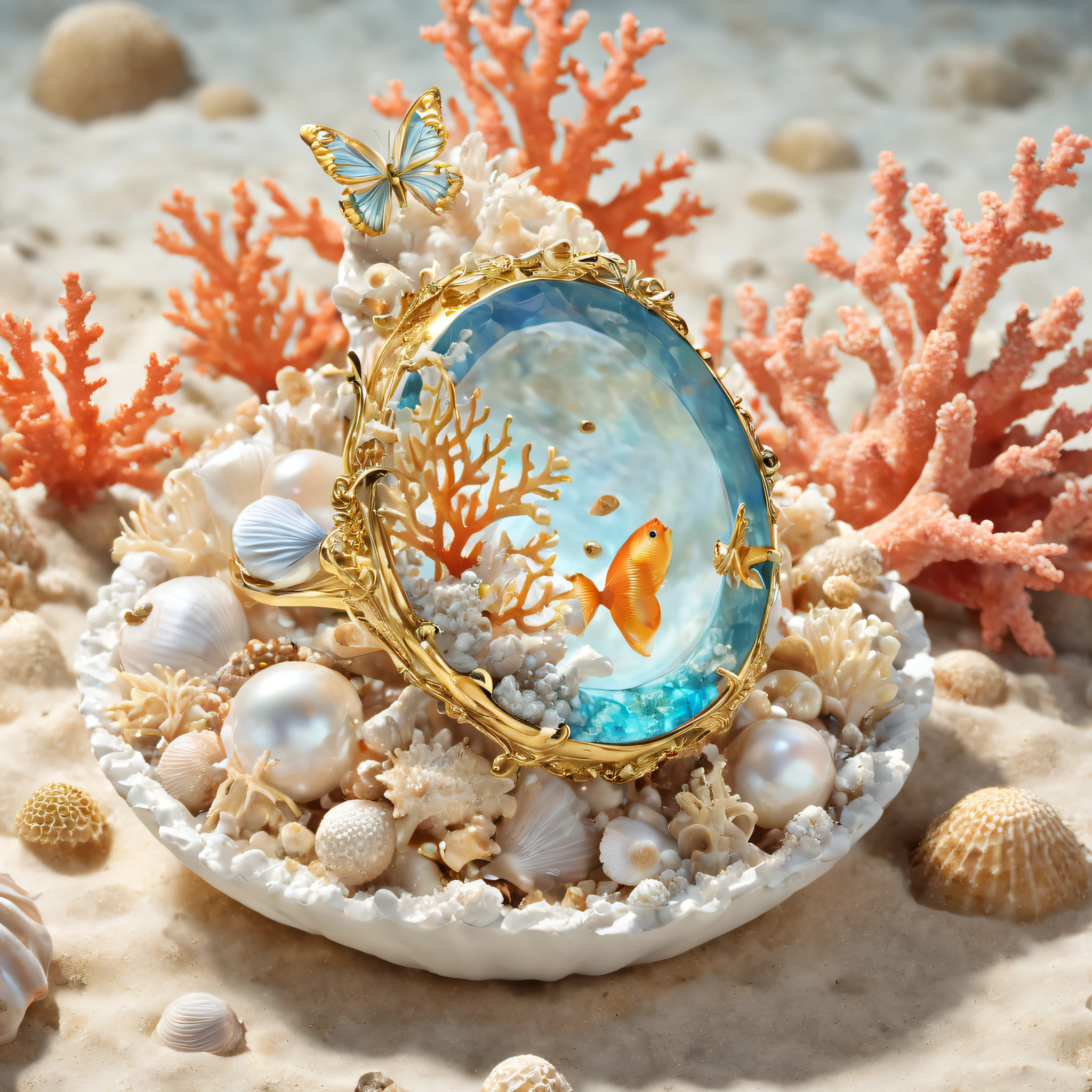 (Product image of the ring:1.2),Gold ring set with Boulder opals ,(The ring is surrounded by fish and coral:1.20),(Pearl oysters),rays of sunshine,(nature elements),(Marine theme),(swell sea),Pinktada
masterpiece,(Very detailed CG unity 8K wallpaper),(best qualtiy),(Most Best Illustration),(Best shadow),(Particle effect),Isometric 3D,rendering by octane, Ray traching,Ultra-detailed
The background is a marine theme with natural elements,The fish,a warm color palette,Surrounded by delicate shells and corals,rays of sunshine,(nature elements),(Marine theme),(swell sea),butterflys,(Delicate shells),
