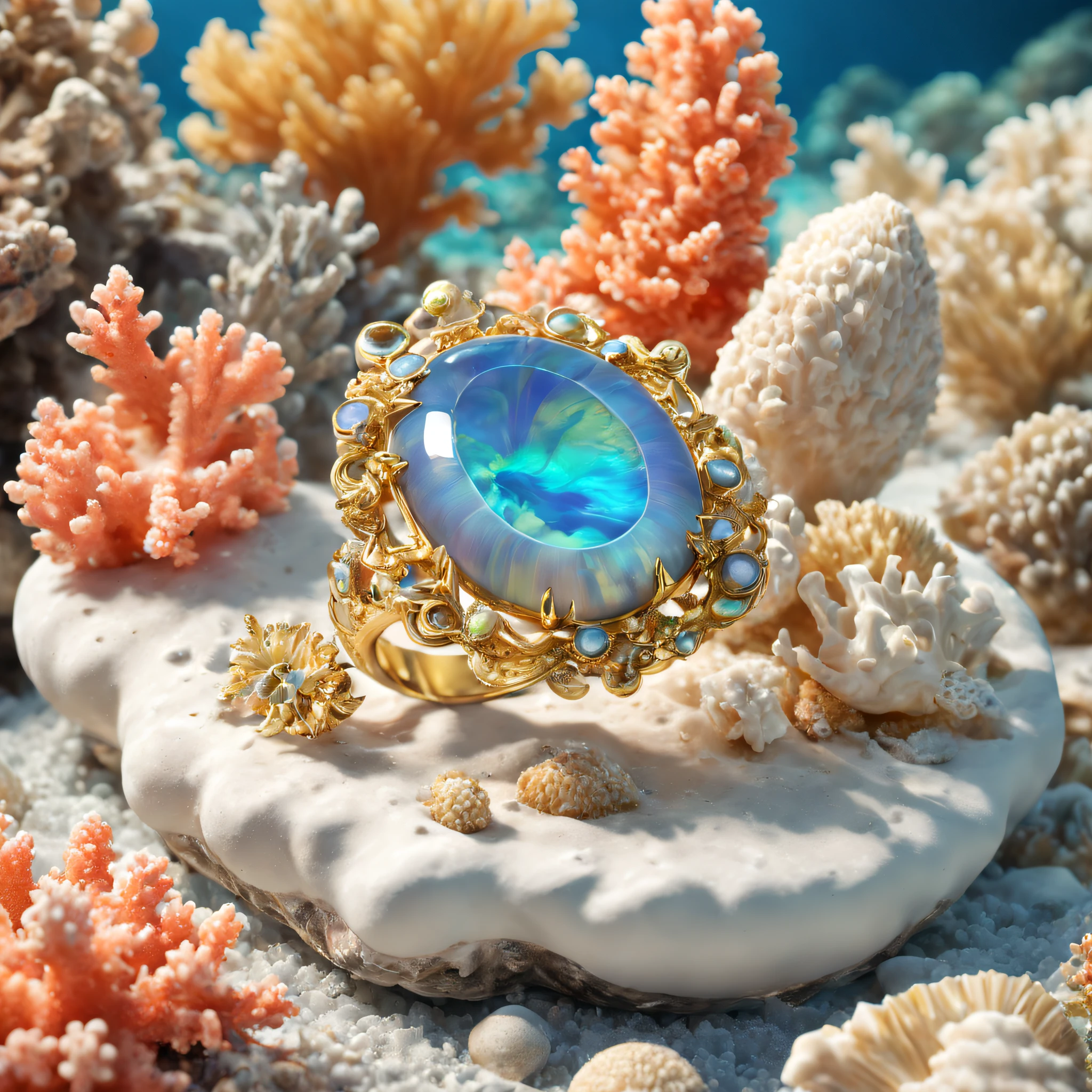 （Product image of the ring：1.2），Gold ring set with Boulder opals ，（The ring is surrounded by fish and coral：1.20），（Pearl oysters），rays of sunshine，（nature elements），（Marine theme），（swell sea），Pinktada
masterpiece，（Very detailed CG unity 8K wallpaper），（best qualtiy），（Most Best Illustration），（Best shadow），（Particle effect），Isometric 3D，rendering by octane， Ray traching，Ultra-detailed
The background is a marine theme with natural elements，The fish，a warm color palette，Surrounded by delicate shells and corals，rays of sunshine，（nature elements），（Marine theme），（swell sea），butterflys，（Delicate shells），