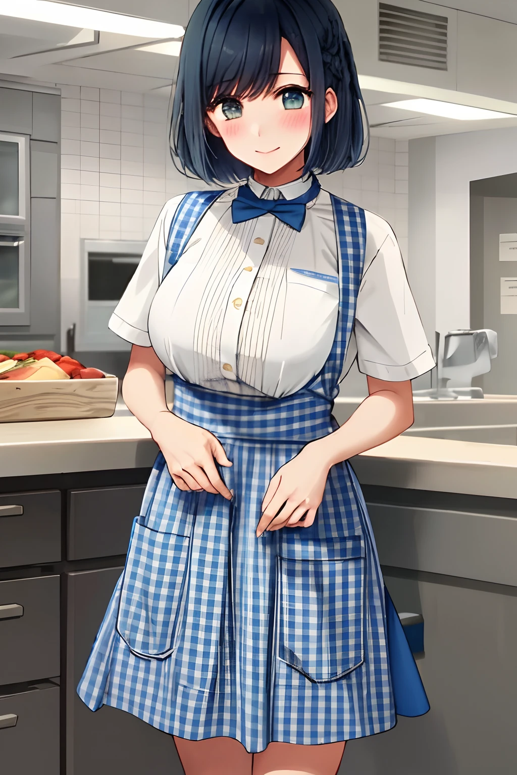 ​masterpiece, hightquality, 8K, beautiful  lighting, 1girl in, 独奏, Akane,  (one length bob:1.3),(darkblue hair:1.3), Smile, Standing, blue bowtie, White shirt, Short sleeves, Blue skirt, Blue apron, Gingham Apron, employee uniform, high waist skirt, woman samurai, Open kitchen, cowboy  shot, looking at the viewers, ,Big breasts emphasis、Naughty thighs、shiny oily skin with high contrast,Too large breasts, huge long breasts, Naughty big,爆乳、Bursting chest、huge-breasted、pointed breast、red blush、
