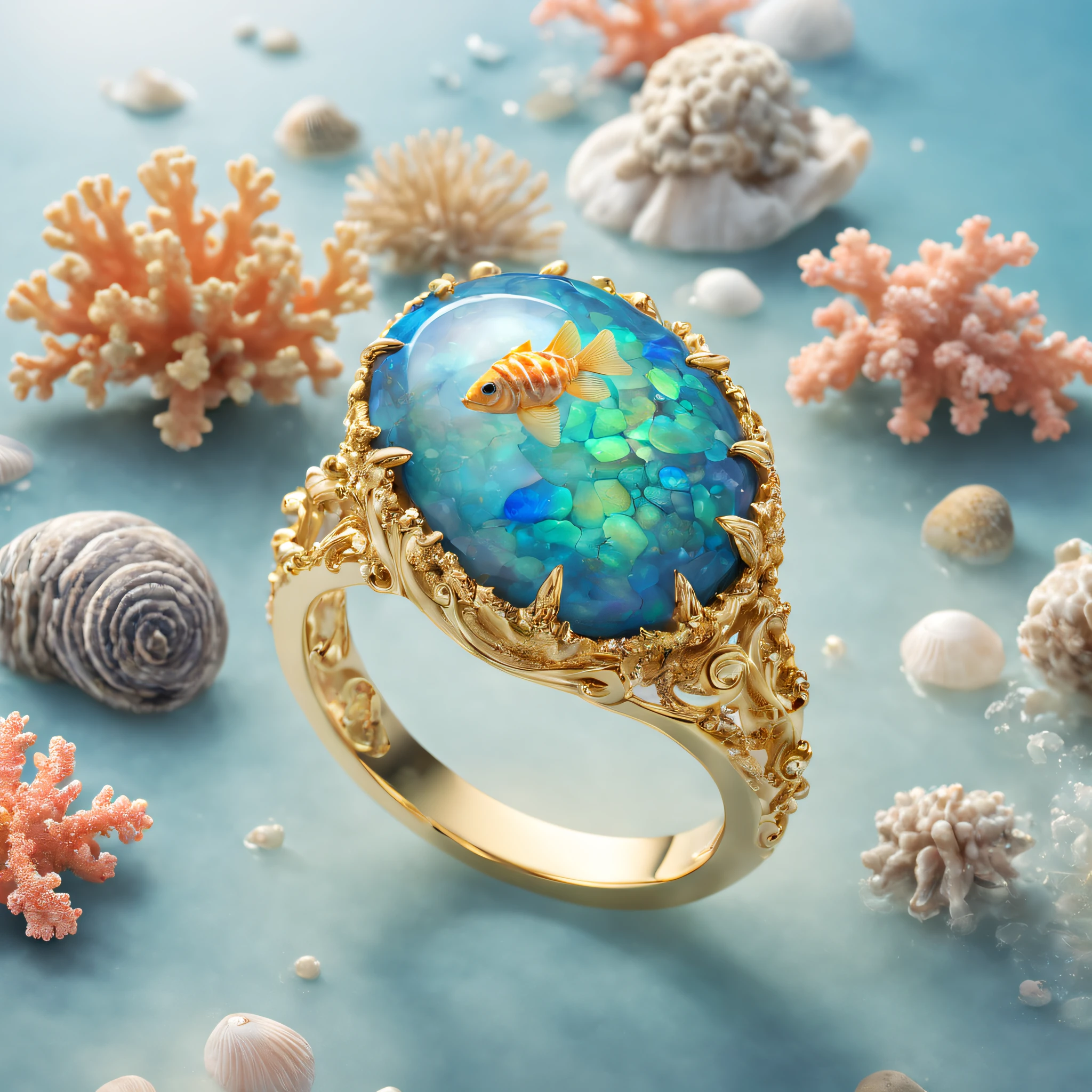 Product image of the ring,Gold ring set with blue-green Boulder opals ,(The ring is surrounded by fish and coral:1.20),(Pearl oysters),rays of sunshine,(nature elements),(Marine theme),(swell sea),Pinktada
masterpiece,(Very detailed CG unity 8K wallpaper),(best qualtiy),(Most Best Illustration),(Best shadow),(Particle effect),Isometric 3D,rendering by octane, Ray traching,Ultra-detailed
The background is a marine theme with natural elements,The fish,a warm color palette,Surrounded by delicate shells and corals,rays of sunshine,(nature elements),(Marine theme),(swell sea),butterflys,(Delicate shells),