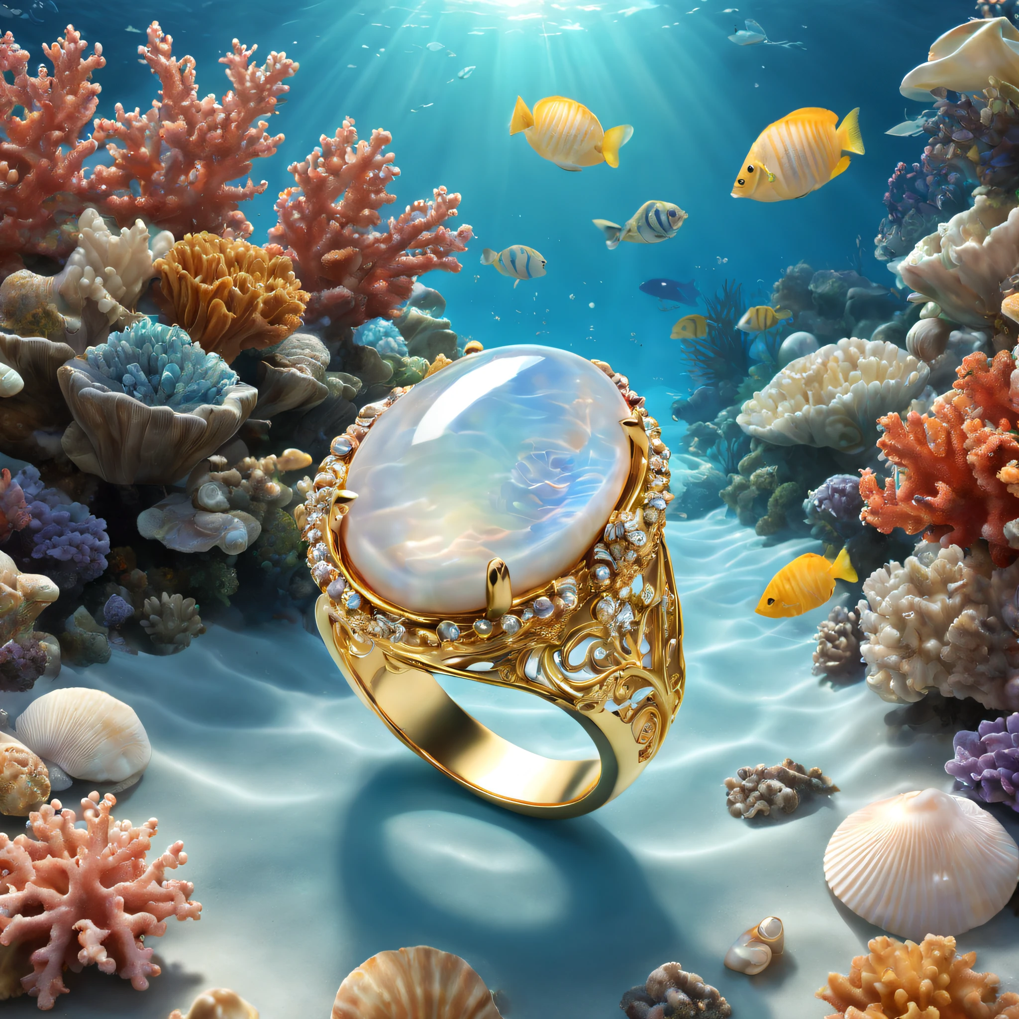 （Product image of the ring：1.2），Gold ring set with Boulder opals ，（The ring is surrounded by fish and coral：1.20），（Pearl oysters），rays of sunshine，（nature elements），（Marine theme），（swell sea），Pinktada
masterpiece，（Very detailed CG unity 8K wallpaper），（best qualtiy），（Most Best Illustration），（Best shadow），（Particle effect），Isometric 3D，rendering by octane， Ray traching，Ultra-detailed
The background is a marine theme with natural elements，The fish，a warm color palette，Surrounded by delicate shells and corals，rays of sunshine，（nature elements），（Marine theme），（swell sea），butterflys，（Delicate shells），