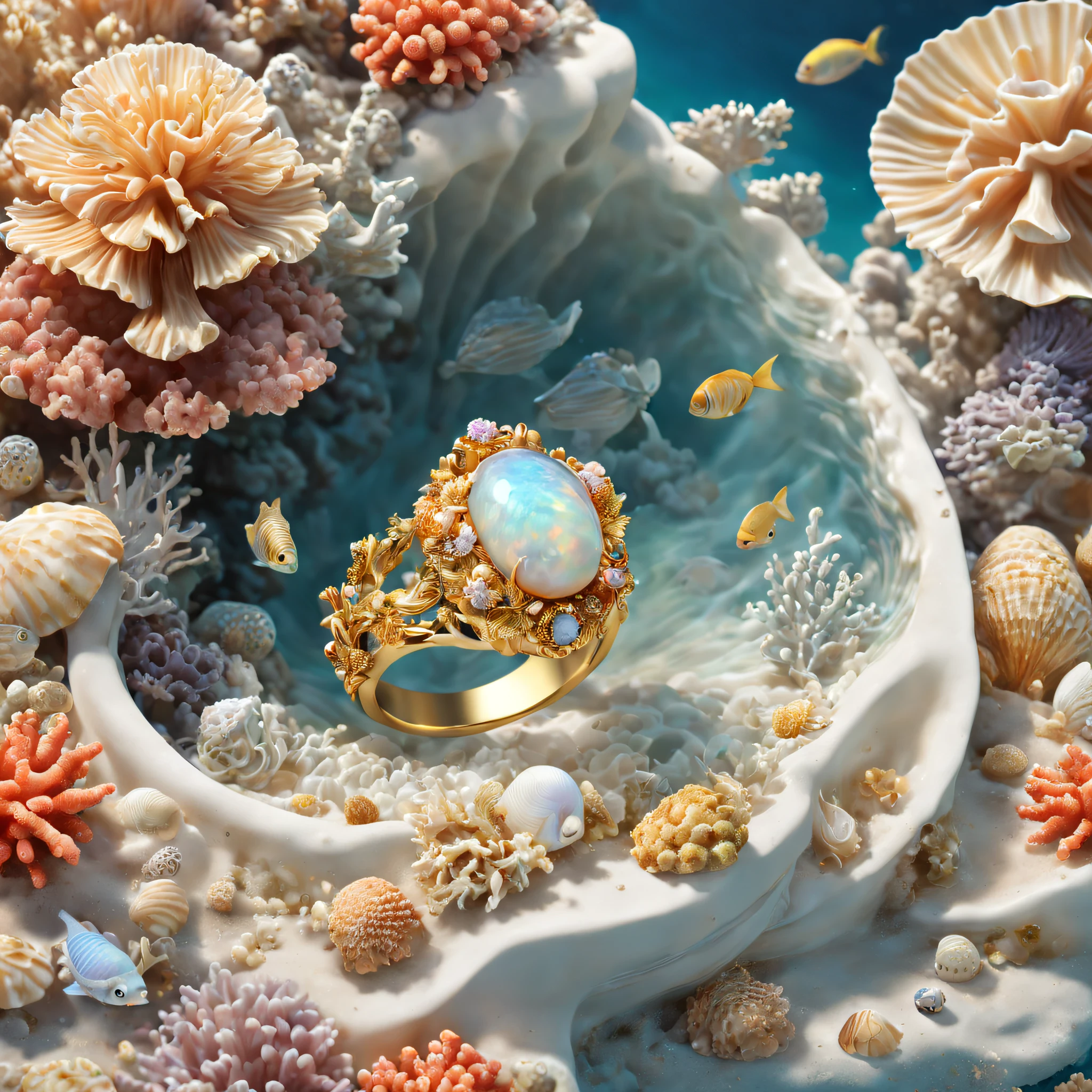 （Product image of the ring：1.2），Gold ring set with Boulder opals ，（The ring is surrounded by fish and coral：1.20），（Pearl oysters），rays of sunshine，（nature elements），（Marine theme），（swell sea），Pinktada
masterpiece，（Very detailed CG unity 8K wallpaper），（best qualtiy），（Most Best Illustration），（Best shadow），（Particle effect），Isometric 3D，rendering by octane， Ray traching，Ultra-detailed
The background is a marine theme with natural elements，The fish，a warm color palette，Surrounded by delicate shells and corals，rays of sunshine，（nature elements），（Marine theme），（swell sea），butterflys，（Delicate shells），