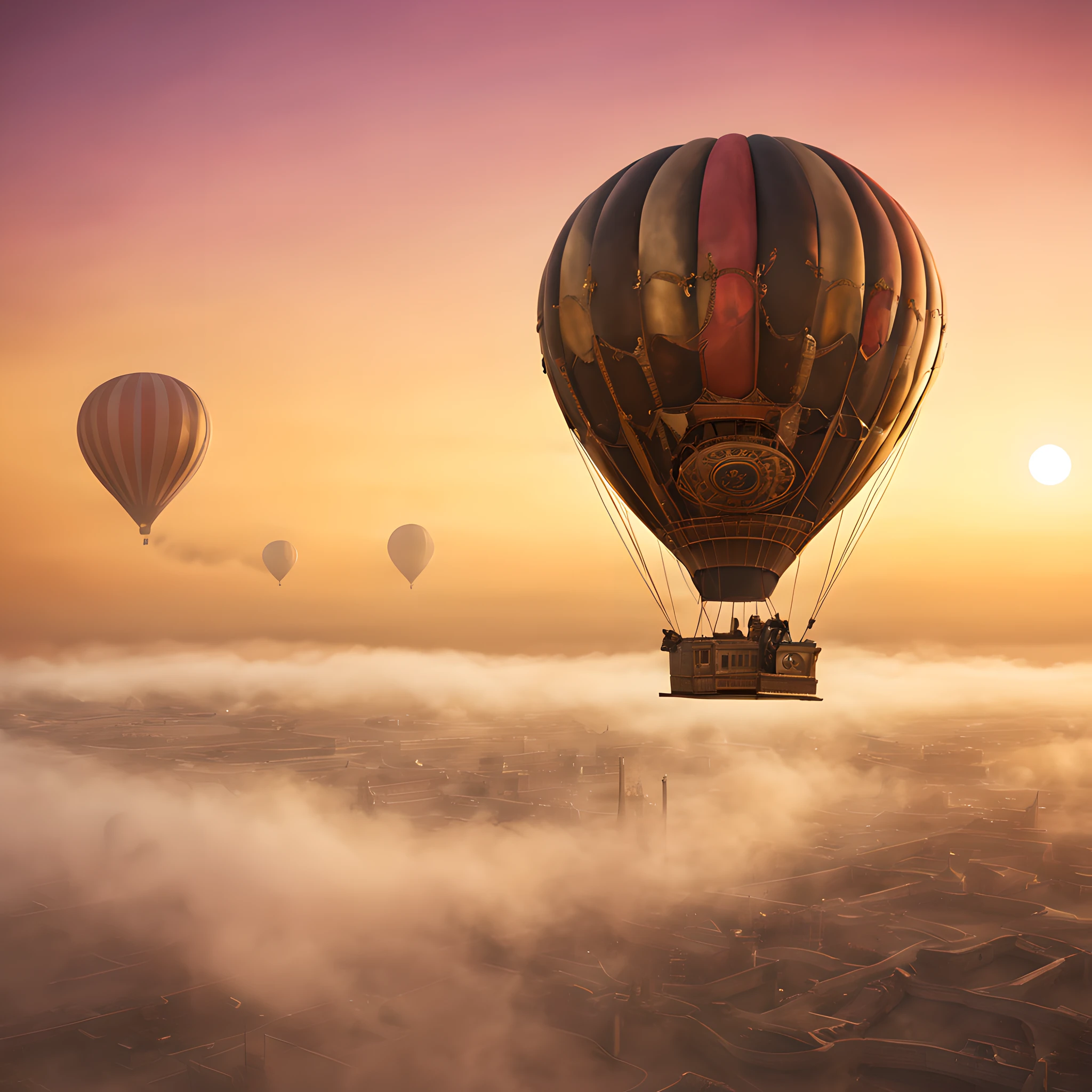 hot air ballonn:1.5, steampunk, in the sky, sunset, steam, fog, smog, sand, wind,