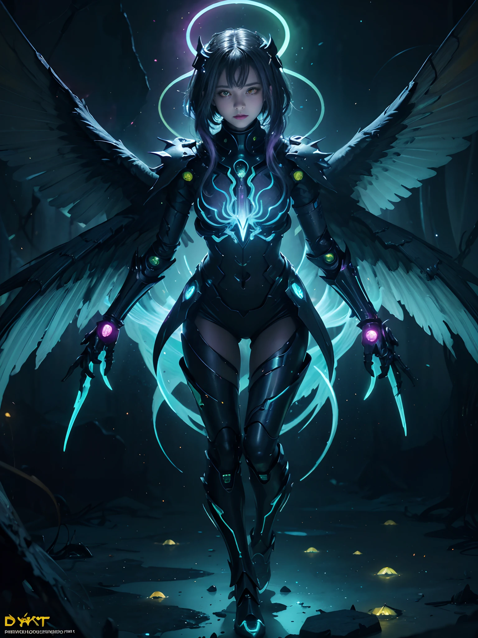 Twilight Sparkle, Twilight Sparkle Cyborg Girl, Twilight Sparkle from my little pony, bio organism, not human, mechanical parts, lush hair, long hair, Twilight Sparl hair, bionic body parts, missing skin, completely cyborg, cybernetic organism, mechanical arms, mechanical legs, mechanical purple wings, metal wings, wings glow purple, red glowing eye, full height, full body, very detailed,  Ultra 8k quality, broken parts, holes in mechanisms, no living organism, runes and purple magic, magic flies around, a lot of purple, purple backlight, spark earrings, a lot of magic, flies