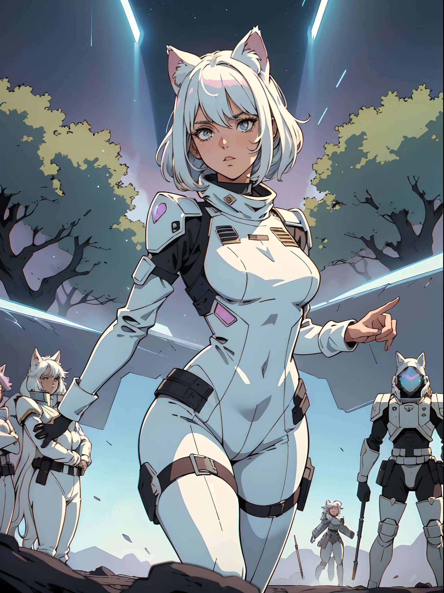 (1980s anime), on a muddy battlefield, beneath an alien sky, a tall catgirl officer with white cat ears and iridescent white hair rallies her troops for the next charge, dynamic pose, masterpiece, absurdes, 4k, dynamic shadows, retro, muted pastel colors