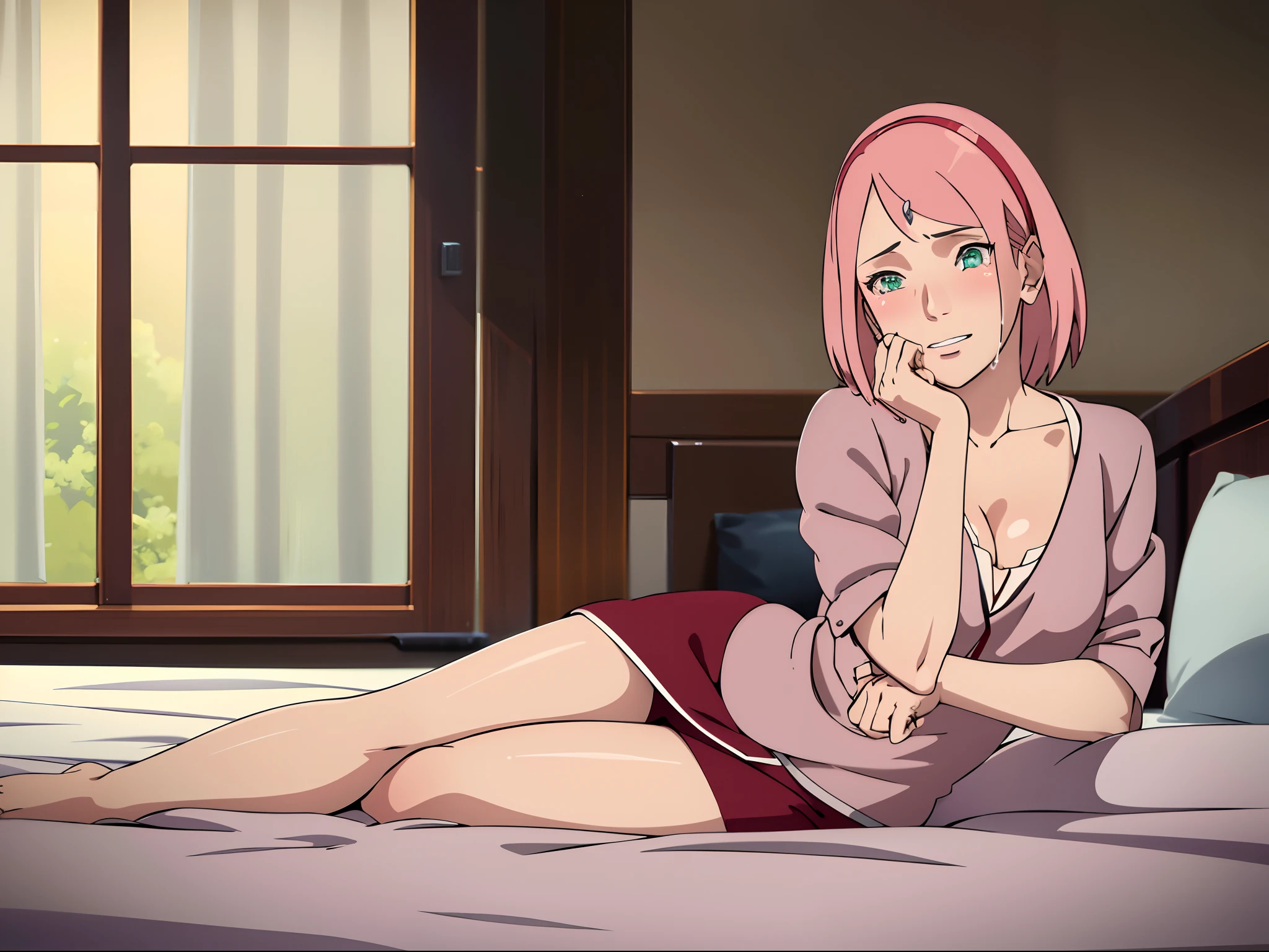 ultra realistic 8k cg, Masterpiece, Best quality, (Photorealistic:1.4)，inside in room，posing in bed，perspire，Be red in the face，Blush：1.5，Short shirt, Miniskirt, Skirt, Black skirt, pencil_Skirt, Cowboy shot, ，cleavage，Blush：1.5， lying down，with perfect legs，perfect hand，s the perfect face，Hold your legs with both hands，Show off your legs，streaming tears，vred，