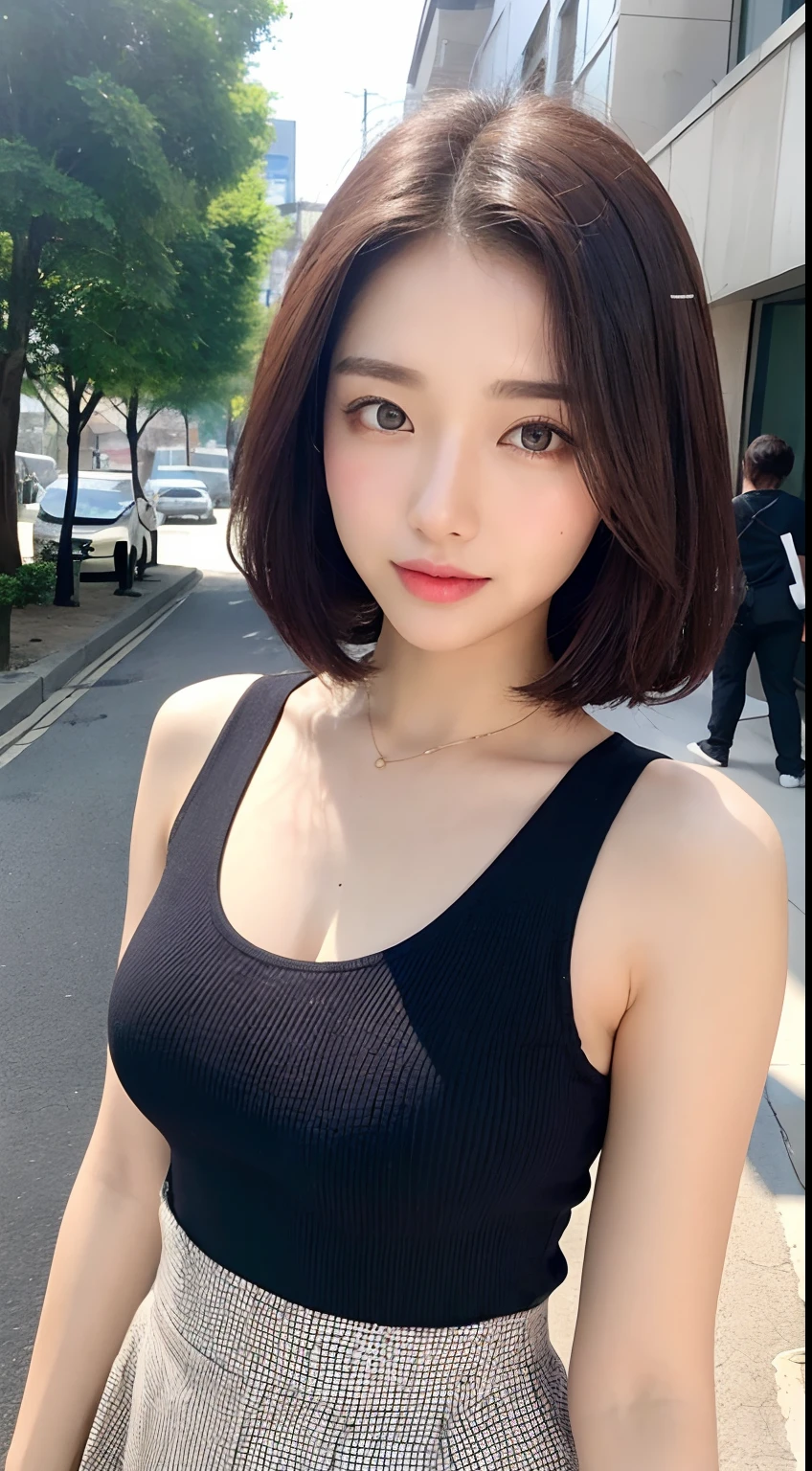 ((best qualtiy,8K,tmasterpiece:1.3)),Perfect beauty:1.4,glute:1.2,(Layered Hair Style:1.2)),(the street:1.3),Highly Detailed Face and Skin Textur,full bodyesbian,Elaborate Eyes,二重まぶた,Whitens the skin,Short wave hair,Cute Korean beauty(with a round face:1.5),(Black top,short skirt:1.6)ssmile