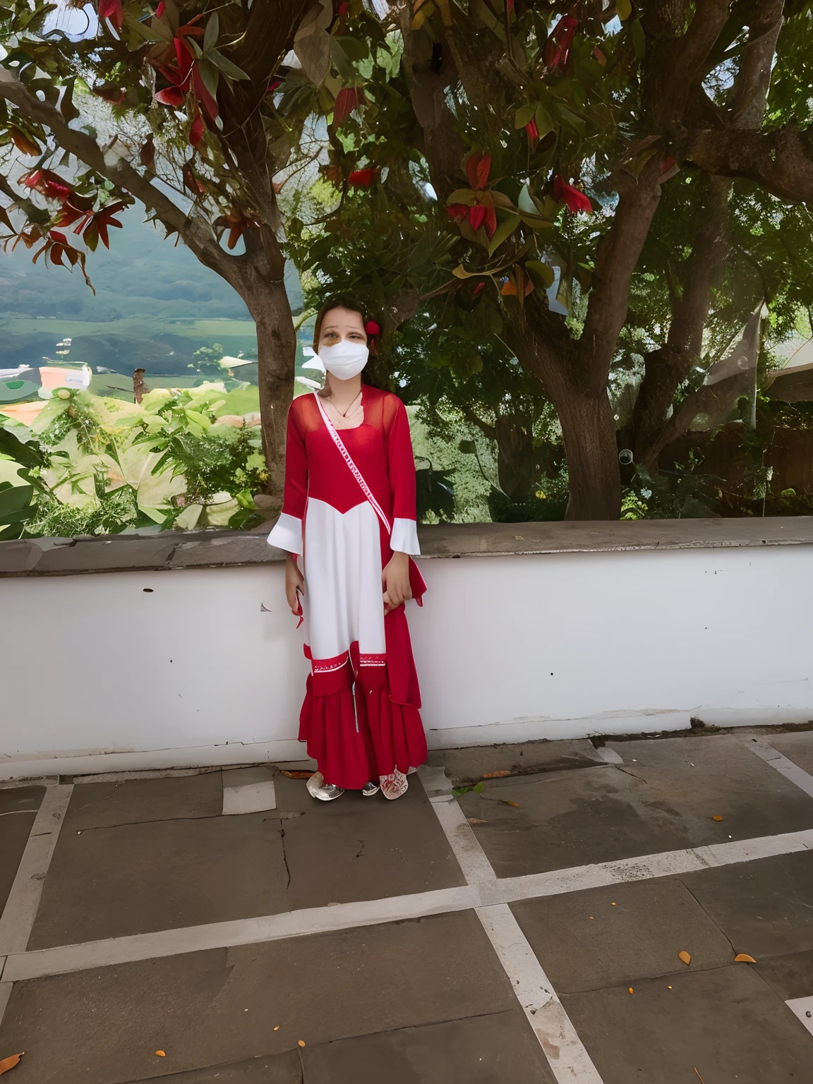 singer in a white half mask, grandes asas de anjo, vestido vermelho longo, innocence v2