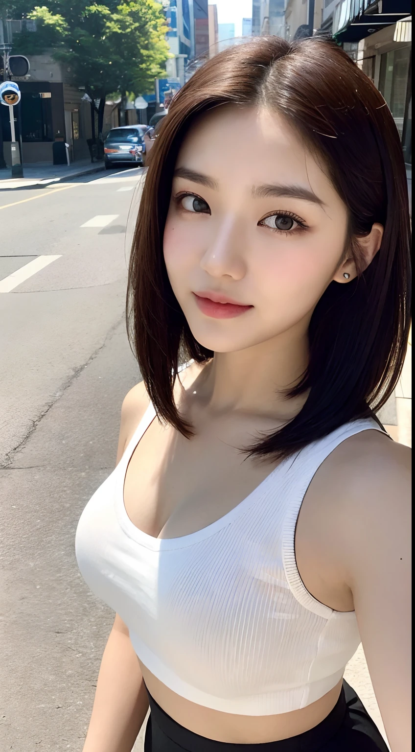 （（best qualtiy，8K，tmasterpiece：1.3）），Perfect beauty：1.4，glute：1.2，（Layered Hair Style：1.2）），（the street：1.3），Highly Detailed Face and Skin Textur，full bodyesbian，Elaborate Eyes，二重まぶた，Whitens the skin，Short wave hair，Cute Korean beauty（with a round face：1.5），（Black top，short  skirt：1.6）ssmile