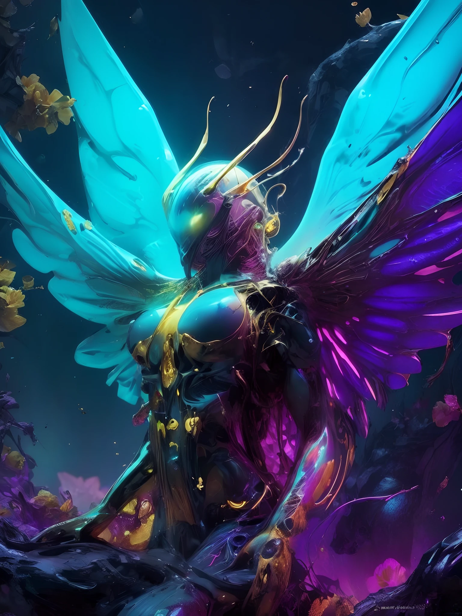 cosmic environment, rotten fallen archangel, ((yellow glowy eyes)), biomechanical, eerie, creepy, nightmarish, very bright colors, light particles, magenta and teal splash, bioluminescence, Mschiffer, wallpaper art, UHD wallpaper, extremely realistic
