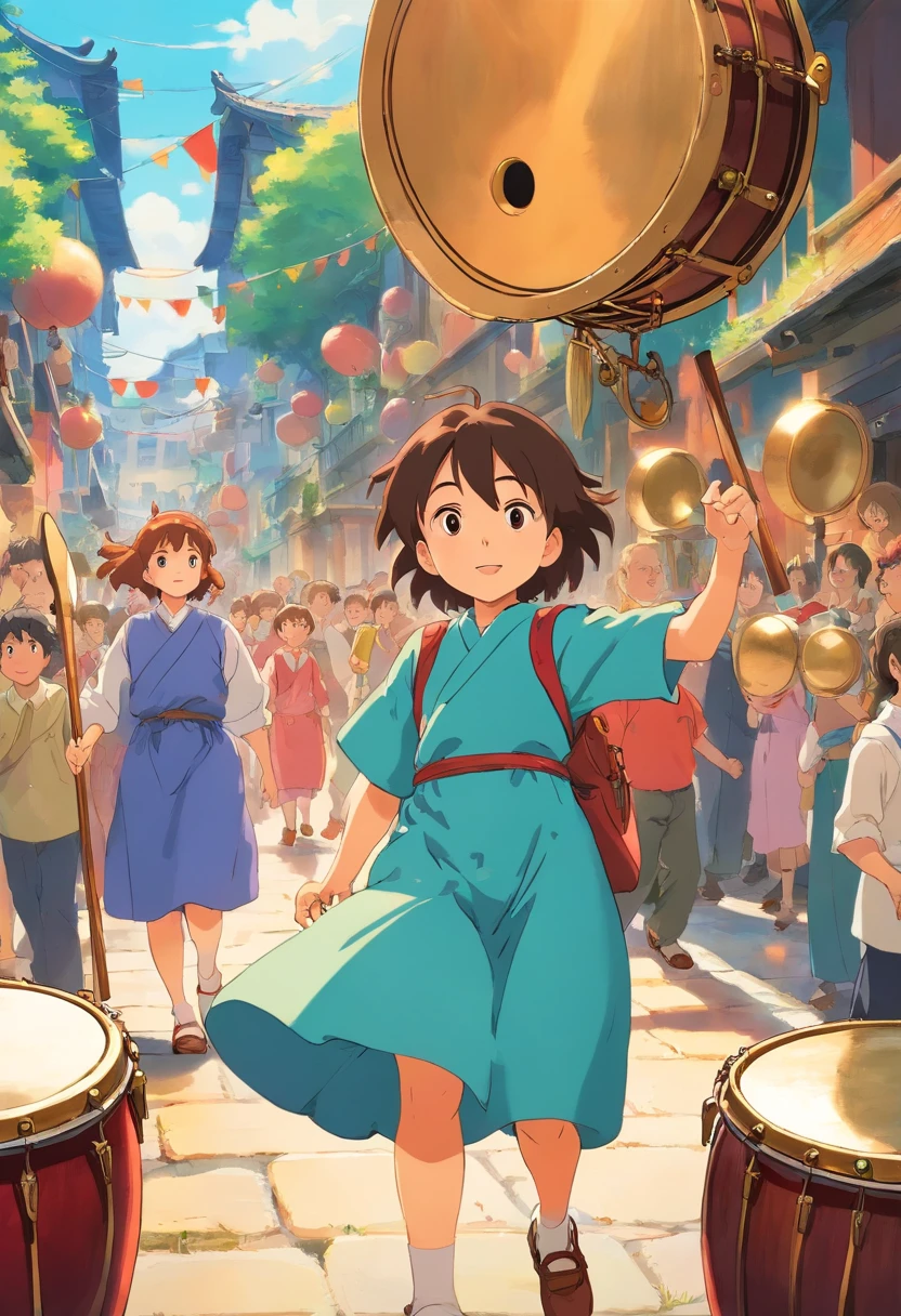 SuperiorQuality, tmasterpiece, soft focus , Bright gradient watercolor , visionary , The little boy followed the crowd to the scene of the brass drum performance，I saw dozens of copper drums on display，People hold drumsticks，Wear traditional clothing，Playing with passion against the background of copper drums