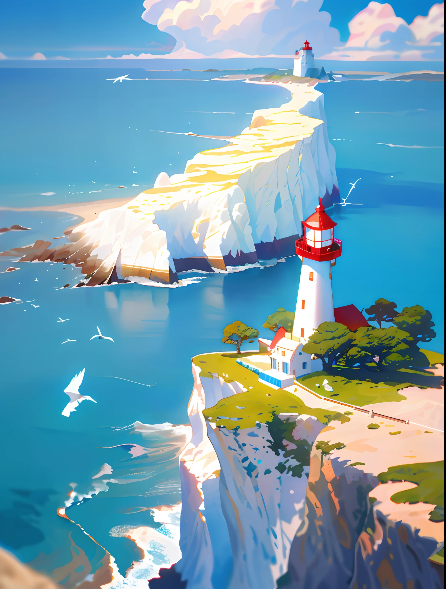 (masterpiece, best quality: 1.1), wide angle, from below, (white cliff), mountain, blue ocean, low tide, waves, rocky beach, trajectory, seagull, horizon, breeze, summer, morning, clear sky, clouds, calm, fresh air, sailboat, lighthouse, depth of field