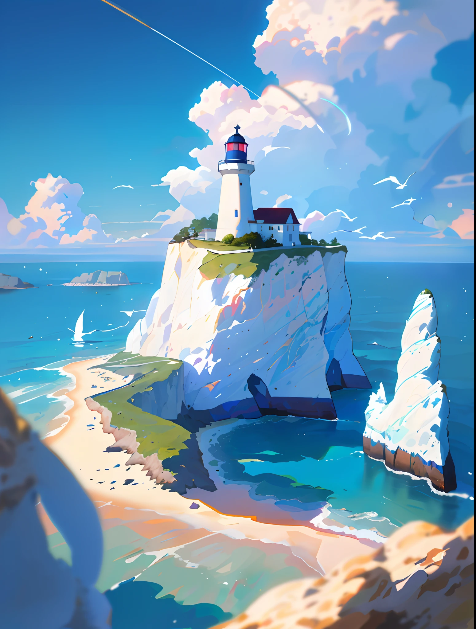 (masterpiece, best quality: 1.1), wide angle, from below, (white cliff), mountain, blue ocean, low tide, waves, rocky beach, trajectory, seagull, horizon, breeze, summer, morning, clear sky, clouds, calm, fresh air, sailboat, lighthouse, depth of field
