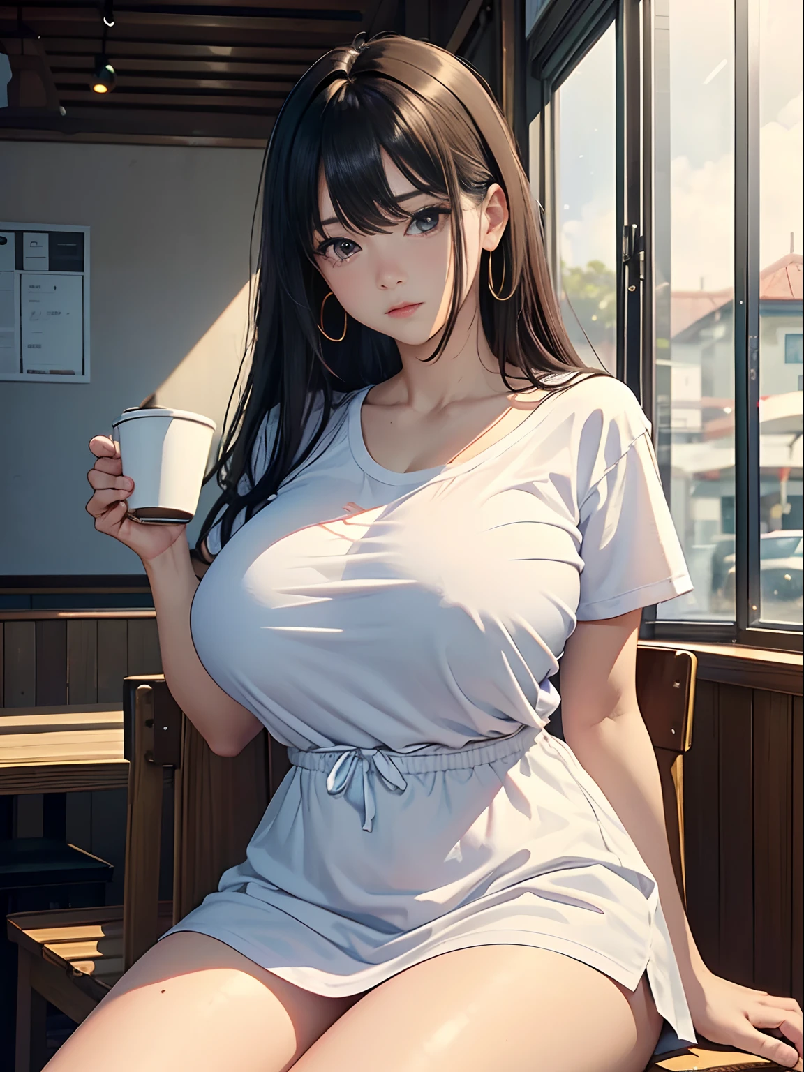 Girls(masterpiece:1.4)、(in 8K、realisitic、Raw photo、top-quality:1.4)、(Real Face:1.4)、(real looking skin:1.3)、超A high resolution、A hyper-realistic、Brown eyes with beautiful details、Black Hair Center Part、white t-shirts、no-bra、high detailing、(huge-breasted:1.5)、Blushing、troubled look、gargantilha、Inside the café、sitting on、coffee cup