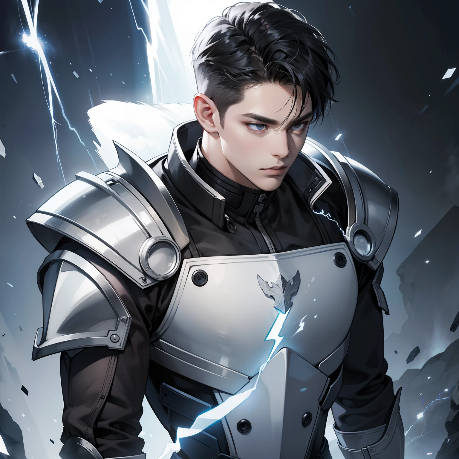 Masterpiece, high quality, best quality, HD, realistic, perfect lighting, detailed body, 1 man, undercut hair, calm expression, black white armor, lightning background