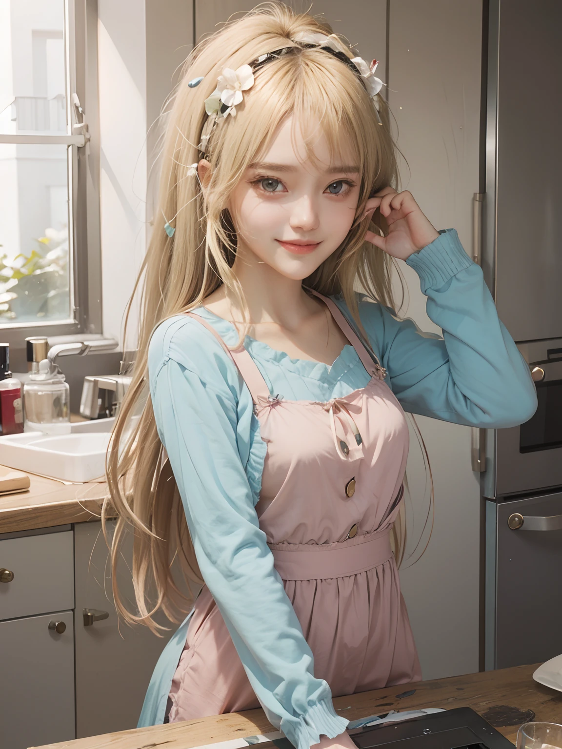 realistic lora 1 girl with blonde hair in ponny style Smile again