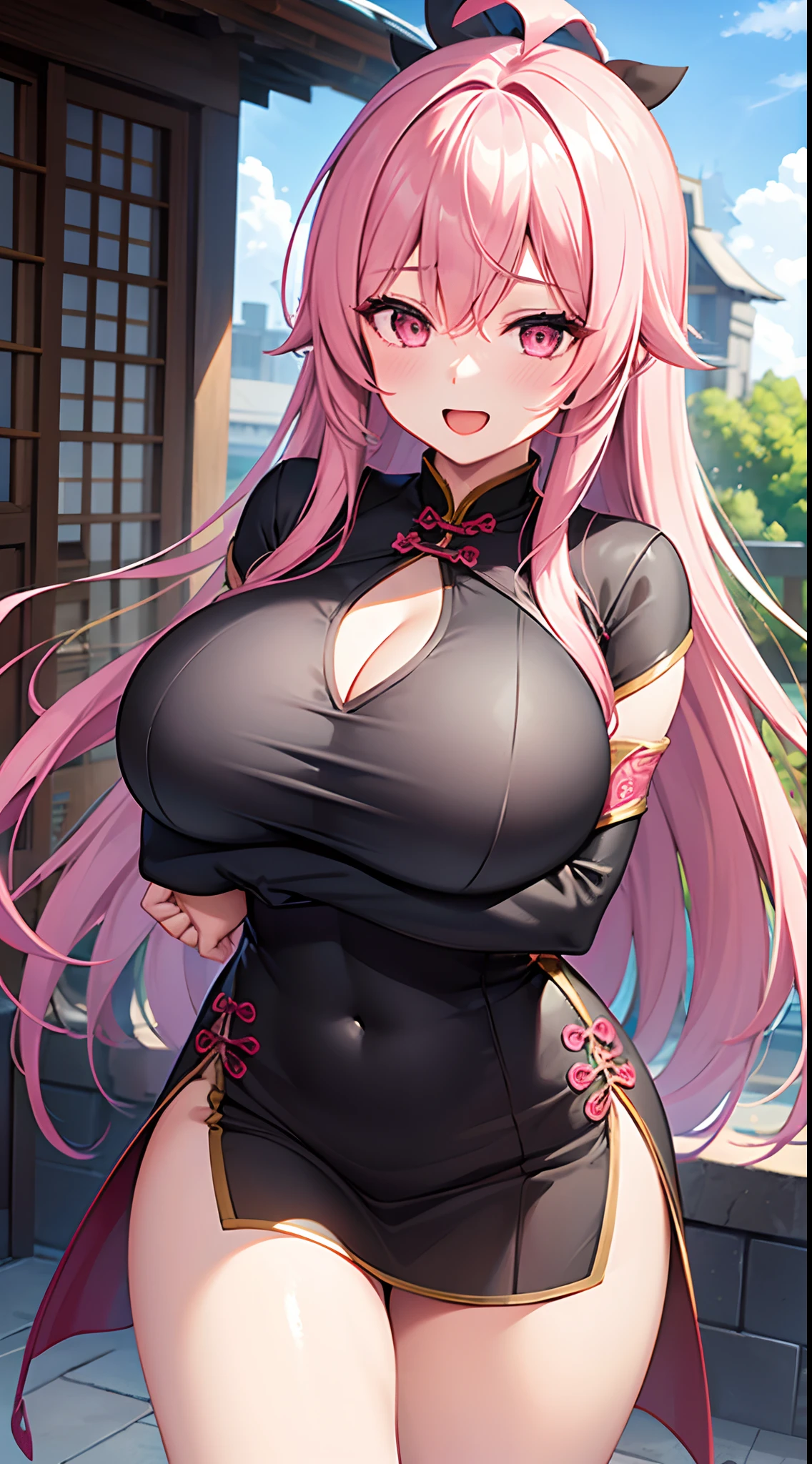 1 girl, game CG, black cheongsam, short cheongsam showing cleavage, gigantic breasts, pink hair, long hair, straight hair, ahoge, pink eyes, smile, open mouth, breast hold, outside,