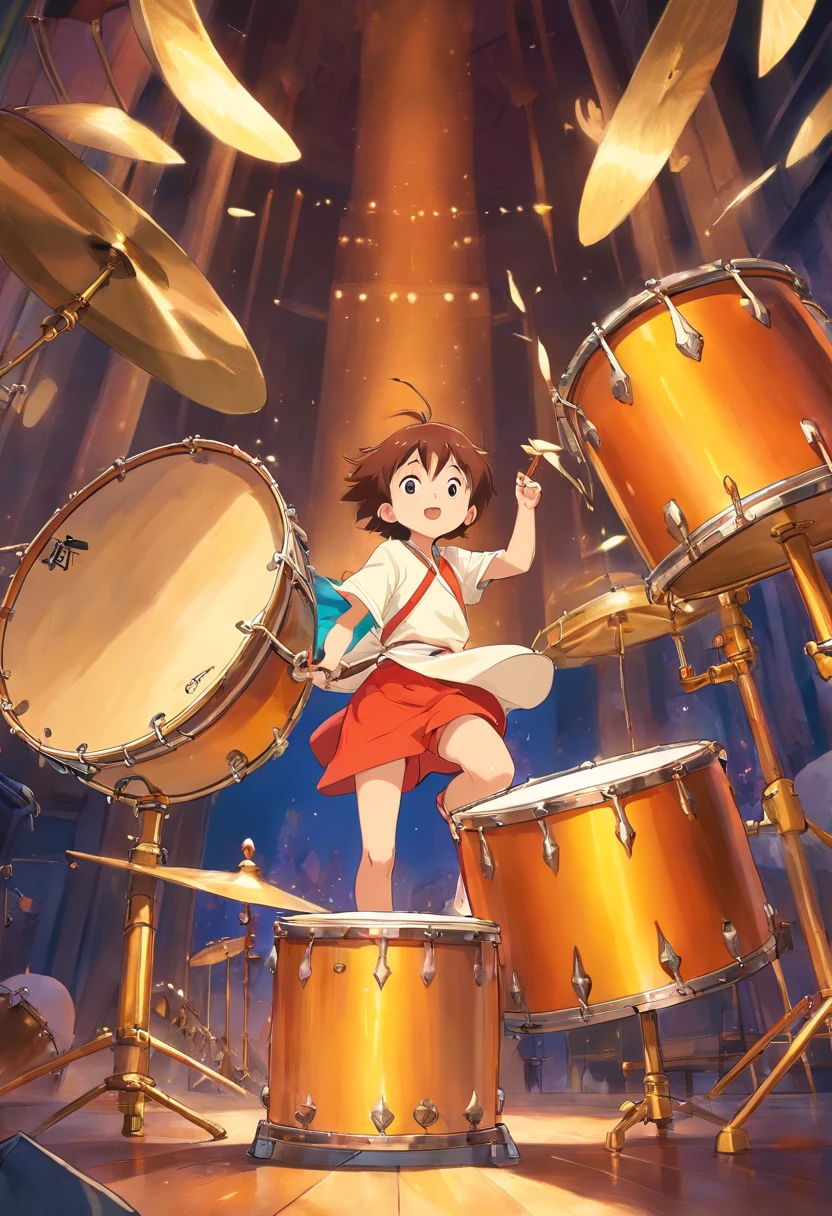 SuperiorQuality, tmasterpiece, soft focus , Bright gradient watercolor , visionary , The boy followed the crowd to the scene of the brass drum performance,I saw dozens of copper drums on display,People hold drumsticks,Wear traditional clothing,Playing with passion against the background of copper drums