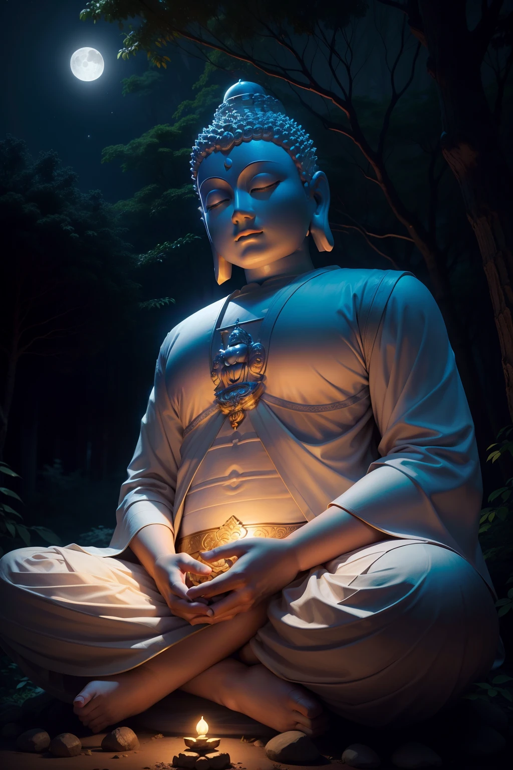 Traditional Buddha image,He crouched by the river,Smile at your own reflection in the river,The clear contours of the Buddha's face are reflected in the water,Eyes look at their own reflection,The eyes are quiet and warm and a little melancholy,The surrounding area is sunny,The river flashes with light,Screen resting mata lonely quiet,With a bit of lonely tones,The whole gives a sense of mystery