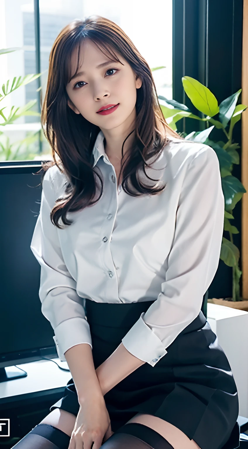 face is :9,1714884241], Elegant upper class elite secretary in business shirt, sit a chair，working in an office、Wearing a strict business suit, (Wear pantyhose)、(Short Layer Hair、Hidden big)、crossed legs, Wear high-end heels、 (thighhighs and skirt), Girl in a shirt,, merchant, business clothes,  Wear shirts and skirts, Business attire, business outfit, Raw photo, (8K、top-quality、tmasterpiece:1.2)、(intricate detailes:1.4)、(Photorealsitic:1.4)、octane renderings、Complex 3D rendering ultra detail, Studio Soft Light, Rim Lights, vibrant detail, super detailing, realistic skin textures, Detal Face, Beautiful detail eyes, Very detailed CG Unity 16k wallpaper, Makeup - Makeup, (detailedbackground:1.2), Naked on the thighs!!!,((houseplant))、Bookshelf files.、personal computers、Blue sky outside the window