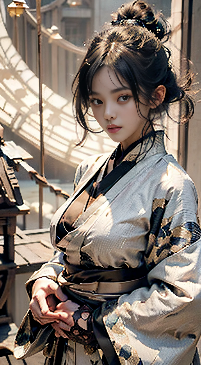 (((32ｋ,high detal,high-detail、​masterpiece,Attention to detail,full body Esbian,独奏))),Raw photo & realistic atmosphere,beautiful dark blue eyes,Detailed mouth,Glossy lips,Detailed eyebrows,Eyes drawn in detail with soft white skin that shines with every detail、Very beautiful eyes with azure eyes,Detailed lips、Very beautiful face,Very well-formed face、Lifelike face,shiny beautiful lips,Beautiful eyebrows,Infinite reality, Realistic Young Gravure Idol,Very cute high school girl, , Young Sensual Gravure Idol, Young Gravure Idol, extremely beautiful and cute１7-year-old pointed beautiful girl,with a flushed face,Incredibly beautiful and classy１7 year old beautiful girl,natural soft light,（Black shiny hair,,bare-legged,Samurai kimono and black hakama,Beautiful kind eyes：1.5）,（youthfulness,Heavy wear,Exposed thighs,Thighs protruding from hakama,Gentle smile,well-shaped breasts,,Immature body,Japan samurai kimono,Japanese style berry shorthair,Hang your hair high and tie it into one,Beautiful posture,posterior view,facing back,no-makeup,woman samurai,woman swordsman,Influence of Shinsengumi,Looking into the distance,Japanese pattern haori,cleavage of the breast,Wearing bowl rolls：1.6）