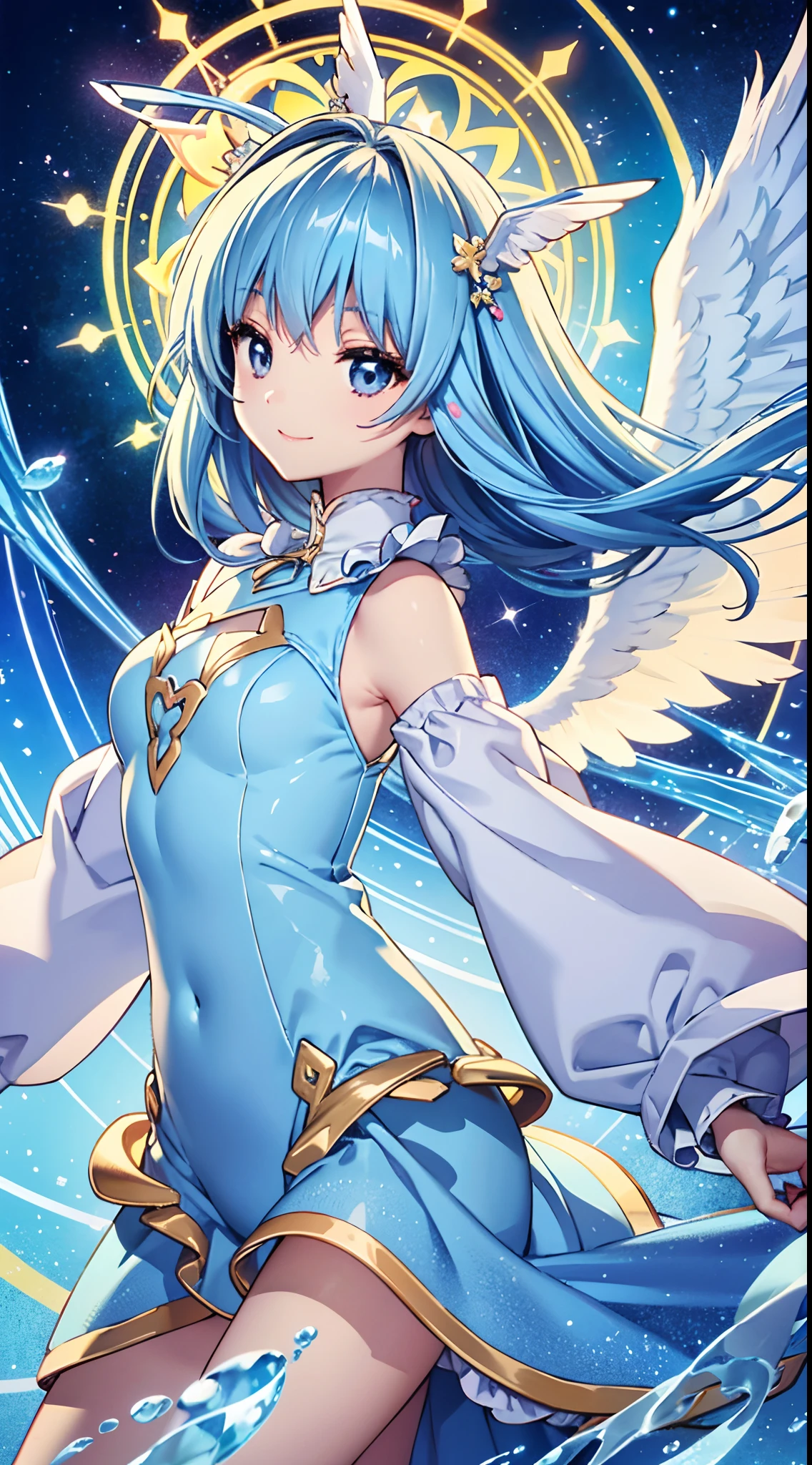 Colorful glowing angel wings、Kawaii Girl、adorable smiling、Light blue long hair、Twin-tailed、Colorful Sexy Angel Leotard、((top-quality))、((​masterpiece))、(ighly detailed、highestdetailed、Official art、Beautifully Aesthetic:1.2)